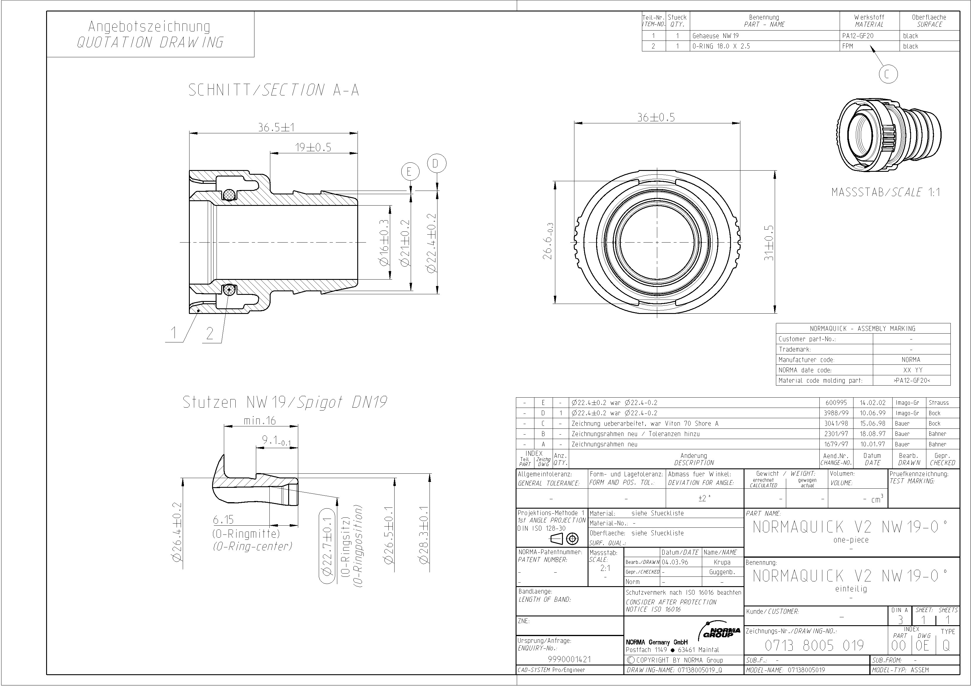 NORMAQUICK V2 NW 19-0° Steckverbinder: Detailierte technische Zeichnung mit Gehäuse aus PA12-GF20 schwarz und FPM O-Ring, inklusive aller relevanter Maße und Spezifikationen. Technische Angebotszeichnung des einteiligen NORMAQUICK V2 NW 19-0° Steckverbinders, mit Querschnitts- und Draufsicht, Bemaßungen sowie Materialangaben für Gehäuse und O-Ring.