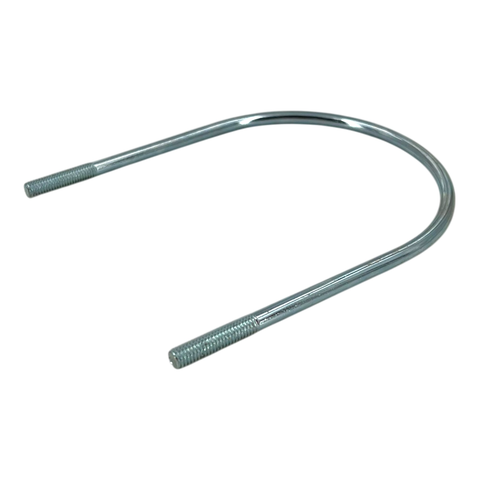 Produktbild: Ein glänzender, U-förmiger Rundstahlbügel M6, verzinkt, mit den Maßen 100 x 132 mm, ähnlich DIN 3570, auf weißem Hintergrund.