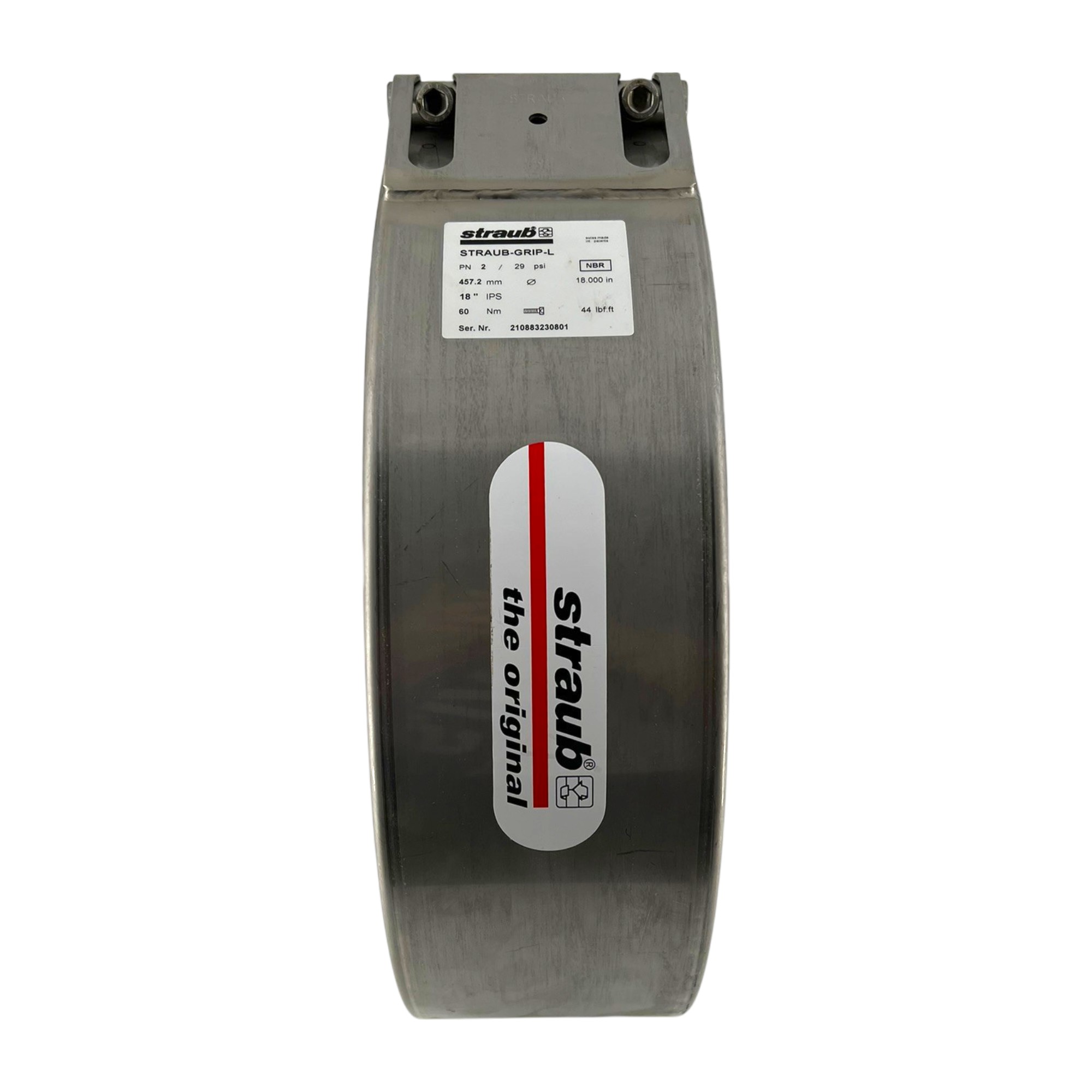 Straub Rohrkupplung Grip W5 457,0 mm aus Edelstahl mit NBR-Dichtung, geeignet für Arbeitsdruck WP 6. Das Produkt ist auf weißem Hintergrund mit sichtbarem Etikett abgebildet.