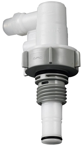 DQPRO120208 Dosiersystem Winkelkupplung in Weiß-Grau, mit 1/2 Zoll NPT Außengewinde, integriertem Absperrventil und EPDM-Dichtung.