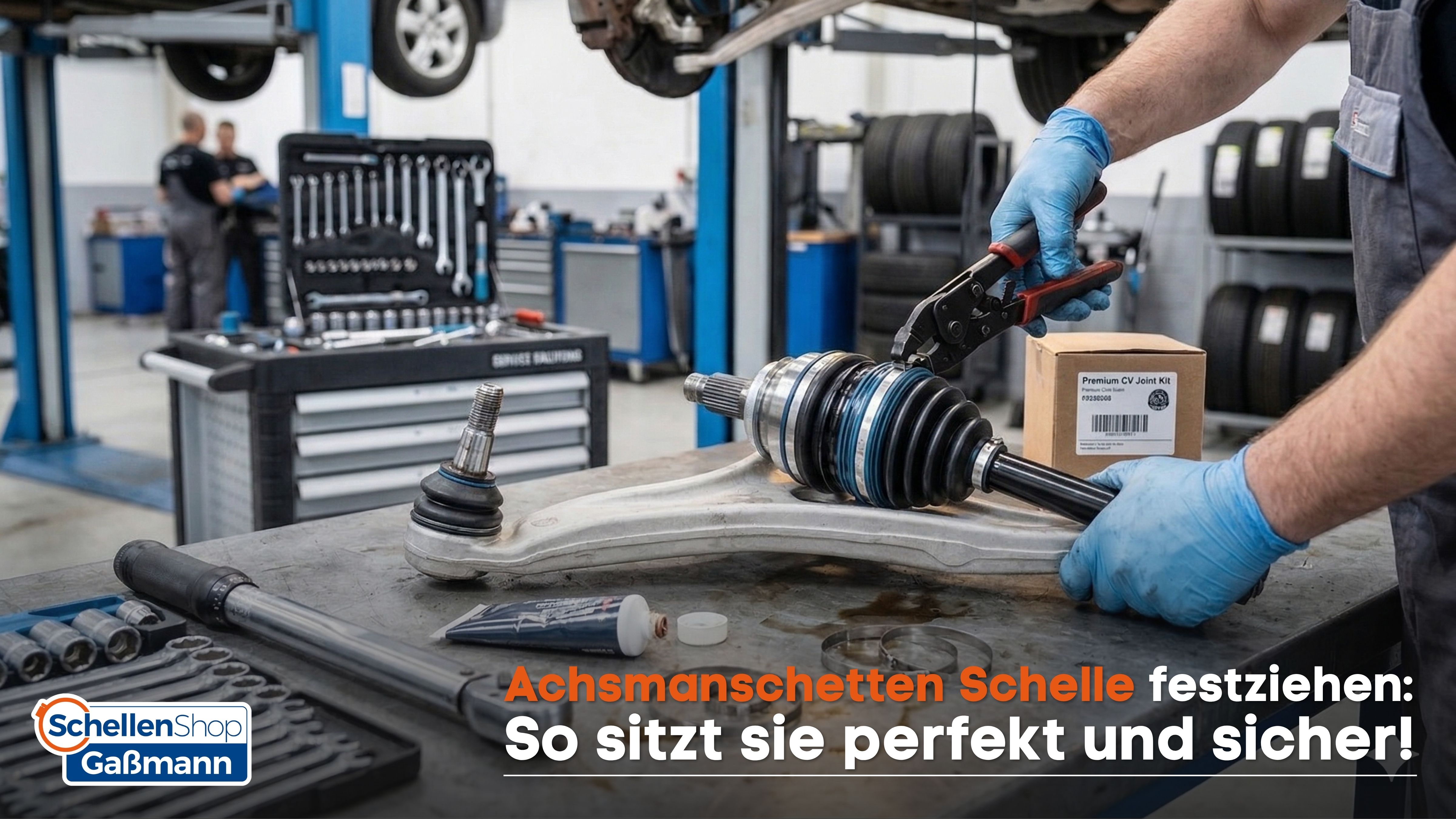 Ein Mechaniker zieht eine Schelle an einer Achsmanschette mit einer Spezialzange fest. Die Antriebswelle und weiteres Werkzeug liegen auf einem Arbeitstisch in einer Autowerkstatt.