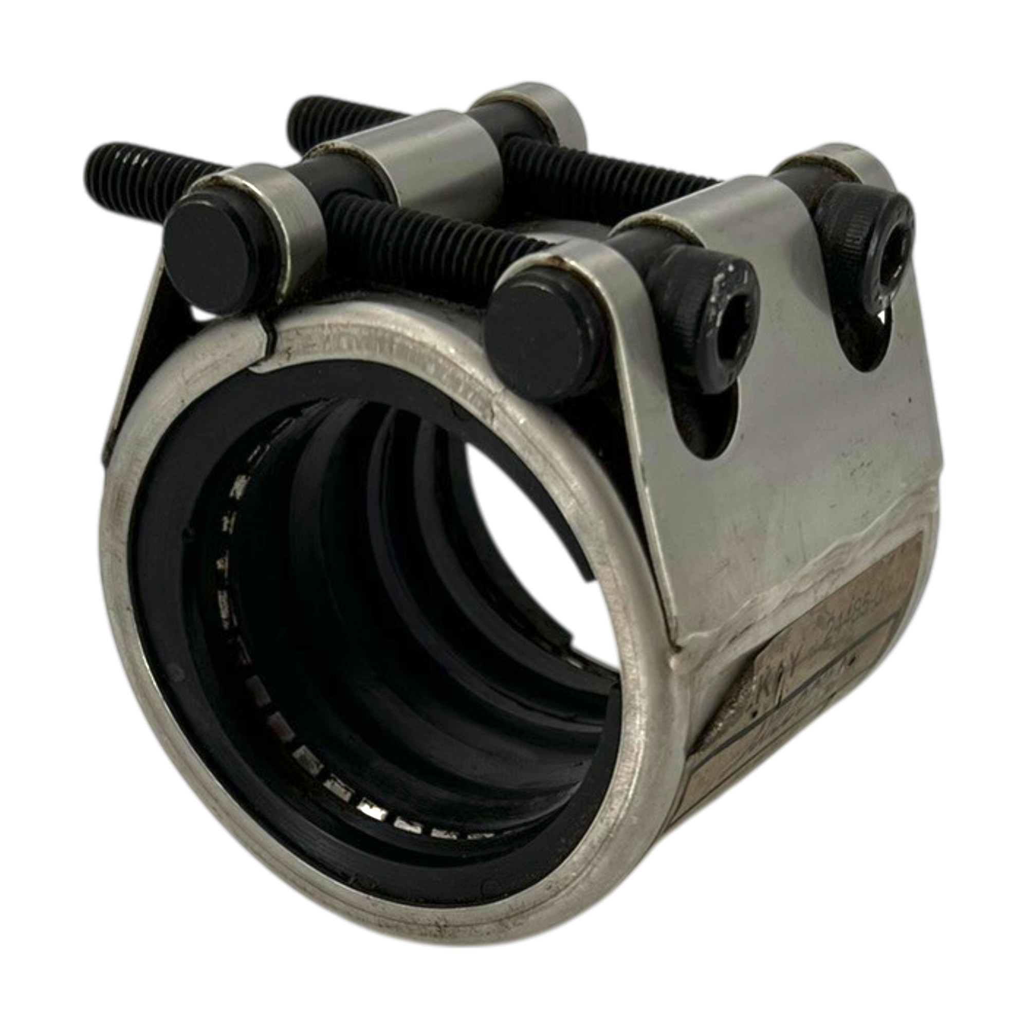 Teekay Rohrkupplung Grip E W2 48,3 EPDM, silberfarbene Klemmkupplung mit vier schwarzen Sechskantschrauben und innerer schwarzer EPDM-Dichtung.