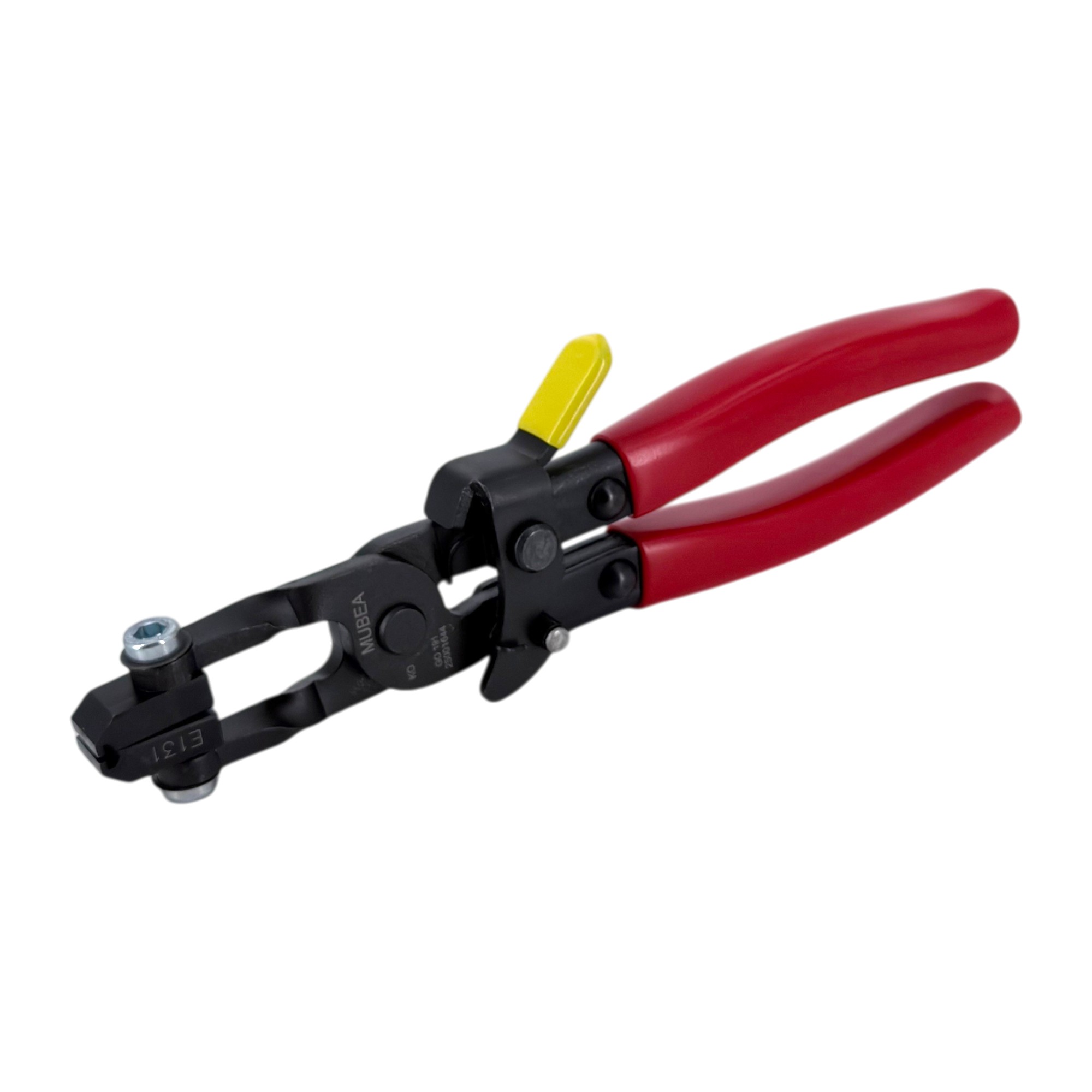 Eine Handzange / Montagewerkzeug für Federbandschellen der Breite 8,4 mm, mit roten, ergonomischen Griffen und schwarzem Zangenkopf, auf weißem Hintergrund.