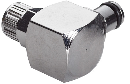 MC2104 CPC Winkelstecker, ein glänzender Klemmringverschraubungs-Winkelstecker aus Metall (6,4mm AD / 4,3mm ID) ohne Absperrventil, mit gerändeltem Anschluss und O-Ring.