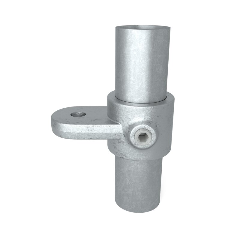 Rohrverbinder Gelenkauge horizontal Typ 37 aus grauem Metall, mit zwei vertikalen Rohröffnungen und einer seitlichen horizontalen Öse zur Befestigung.