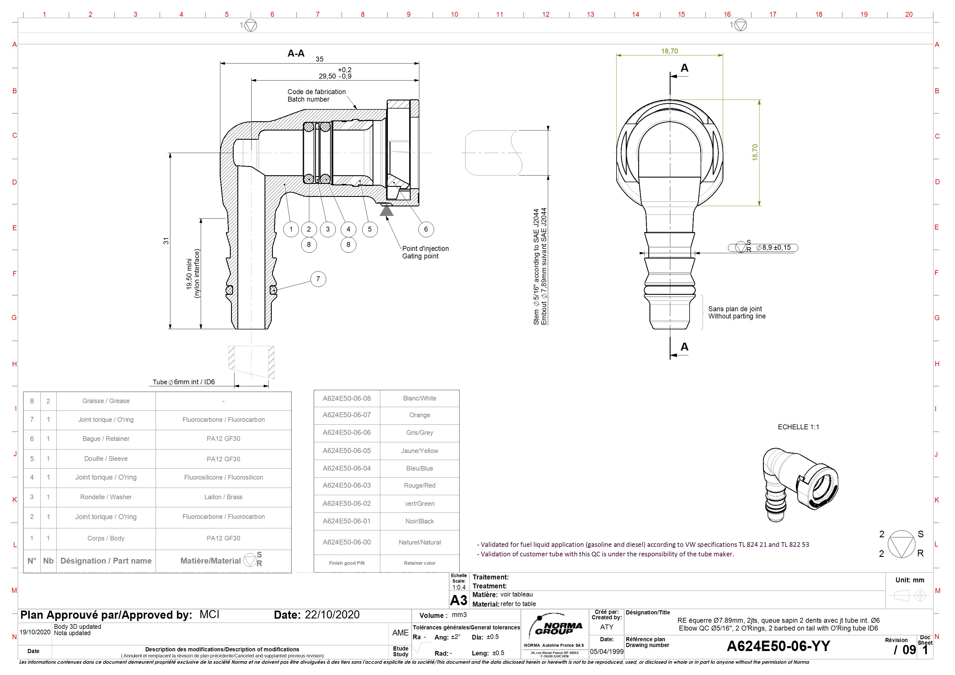 A624E50-06-YY Technisches Datenblatt: Abgewinkelter Schnellverbinder (Elbow Quick Connector) 5/16 Zoll, ID6, 2 O-Ringe, Kraftstoffleitung, VW-Spezifikationen. Technische Zeichnung eines abgewinkelten Schnellverbinders (Elbow Quick Connector) vom Typ A624E50-06-YY für Kraftstoffleitungen. Die Detailansicht zeigt einen 5/16 Zoll (7,89mm) Stutzen mit zwei O-Ringen und ein Widerhakenende für einen 6mm Schlauchinnen