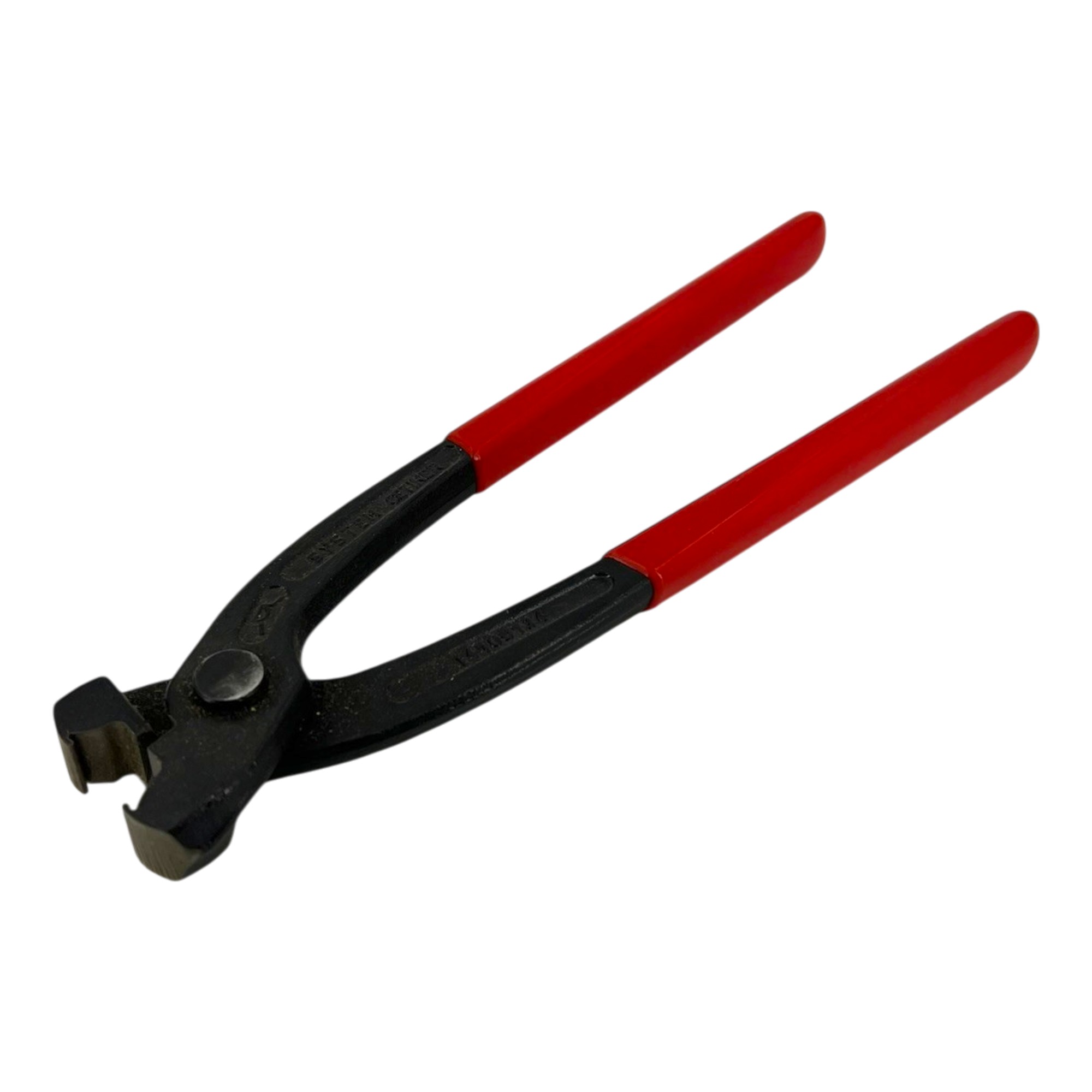 Klemmenzange für StepLess® Spannschellen 192 mit spezieller Backenausführung und roten Griffen.