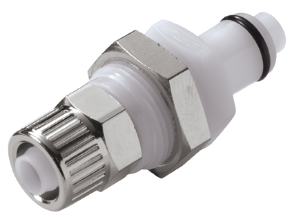 PLCD40006 - CPC Stecker 9,5mm AD / 6,4 mm ID Klemmringverschraubung, Plattenmontage, mit Absperrventil