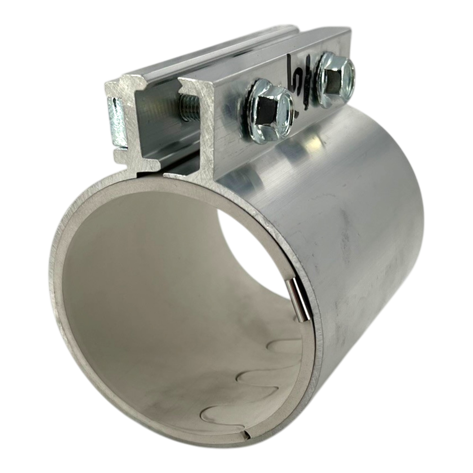 ALU-Rohrkupplung DVK 6, Ø 75,0 mm, Länge 100 mm, mit Erdungsband. Eine zylindrische, silberne Aluminium-Rohrkupplung mit einer oberen Befestigungsschiene, gesichert mit zwei Schrauben, und einem innenliegenden Erdungsband.