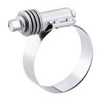 BREEZE Schlauchschelle mit Tellerfeder für Schlauchverbindungen Silberfarbene Schlauchschelle it Tellerfeder aus Edelstahl mit Schraubmechanismus auf weißem Hintergrund.