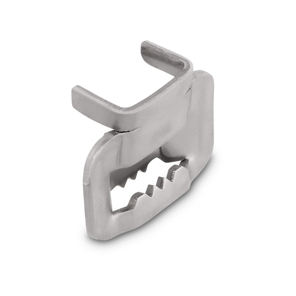 Endlosband Binder Verschluss NB-D: Hochwertiger Metallverschluss für sichere und langlebige Gurt- und Bandverbindungen Endlosband Binder Verschluss NB-D aus mattem, silbernem Metall mit U-förmigem Bügel und gezahntem Klemmmechanismus