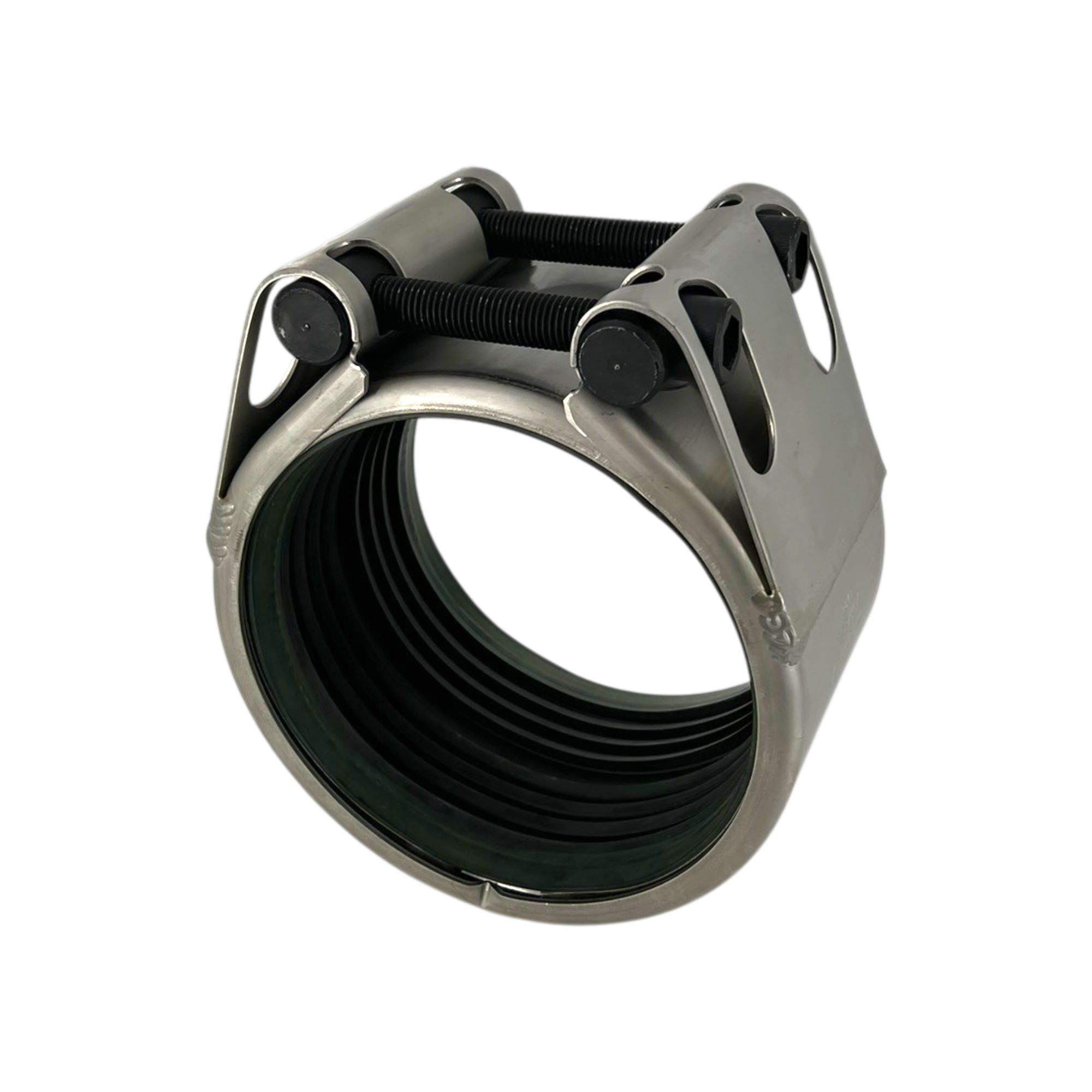 Edelstahl Teekay Rohrkupplung Grip E W2, 159,0 mm Durchmesser, mit schwarzen Schrauben und sichtbarer EPDM-Dichtung auf weißem Hintergrund.