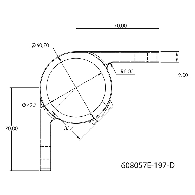 Technische Zeichnung des Rohrverbinders Ösenteil mit Doppellasche 90° - Typ 57. Die Skizze zeigt die Draufsicht mit einem Außendurchmesser von 60,70 mm, einem Innendurchmesser von 49,7 mm und zwei rechtwinkligen Laschen mit einer Länge von 70,00 mm und ei