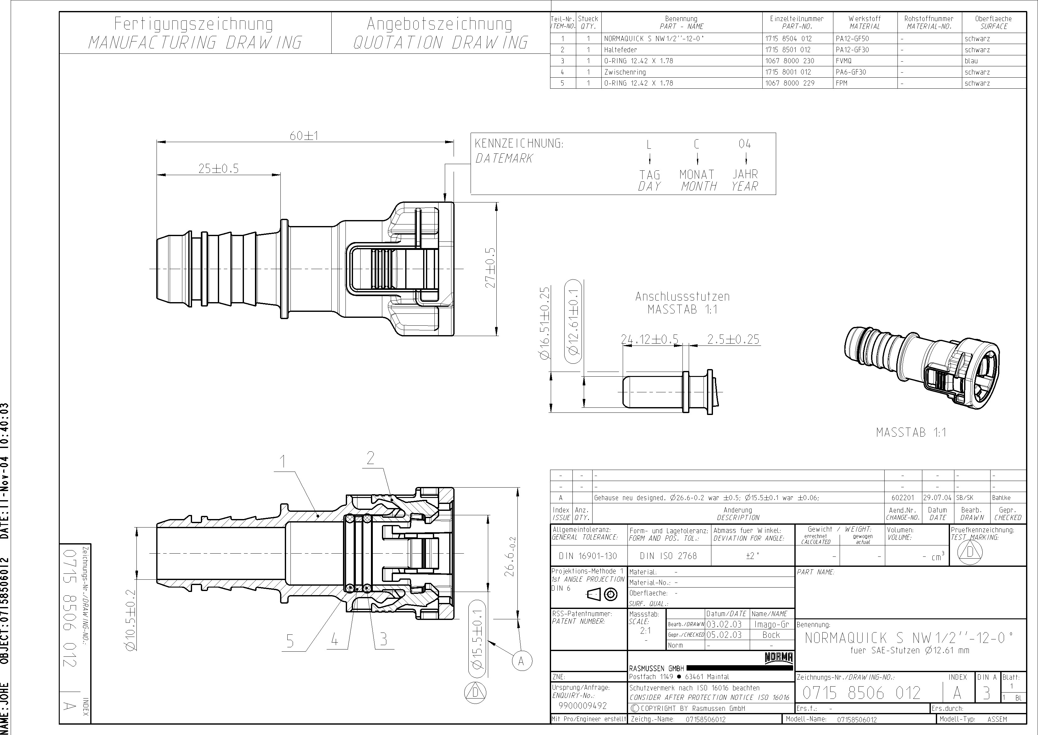 NQ-S gerade Steckverbindung NW 1/2", mit 12 mm Schlauchanschluss