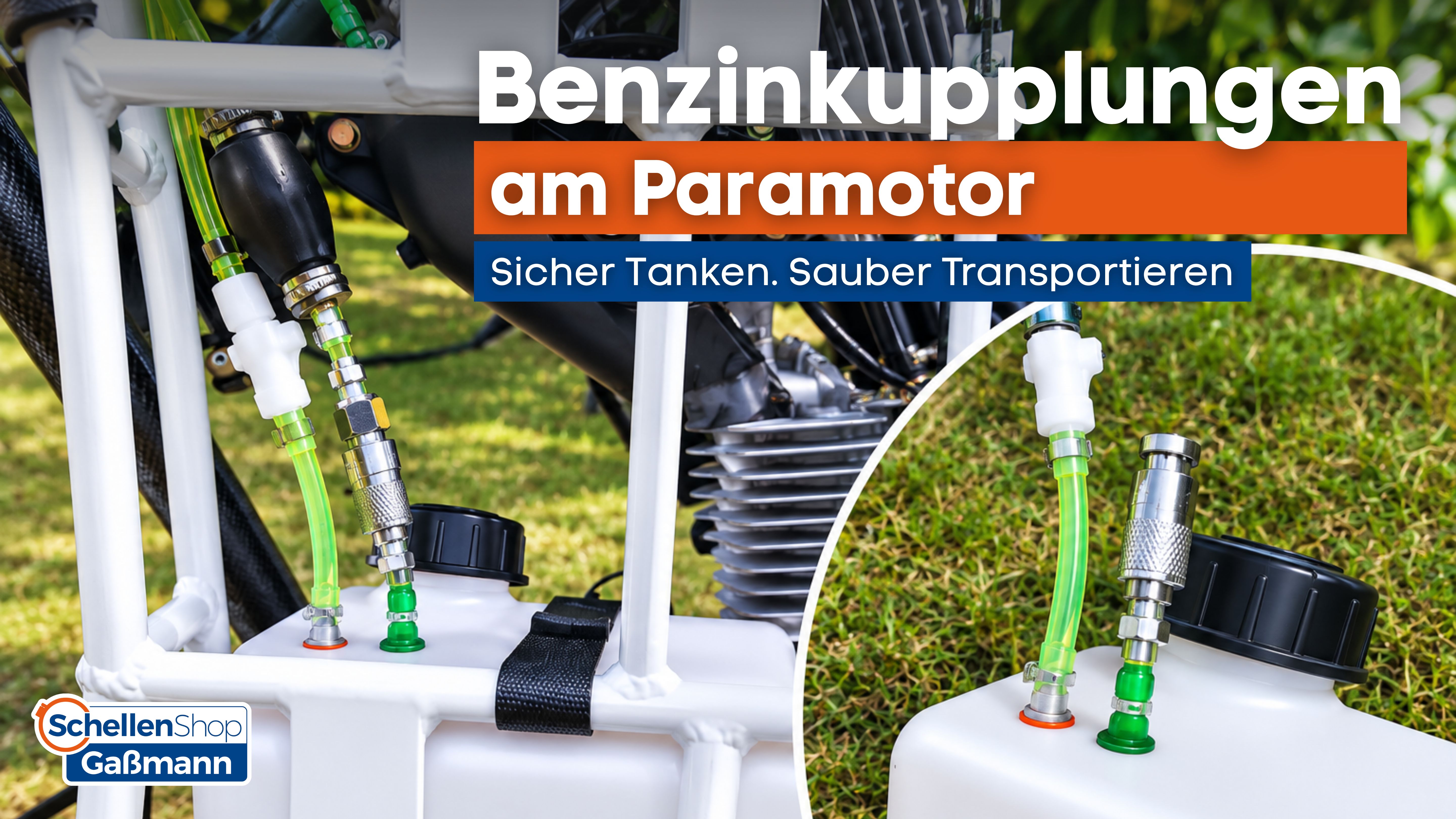 Detailansicht der Benzinkupplungen am Paramotor von SchellenShop Gaßmann. Grüne Kraftstoffleitungen sind mit Schnellkupplungen an einem weißen Benzintank befestigt, was sicheres Tanken und sauberen Transport ermöglicht.