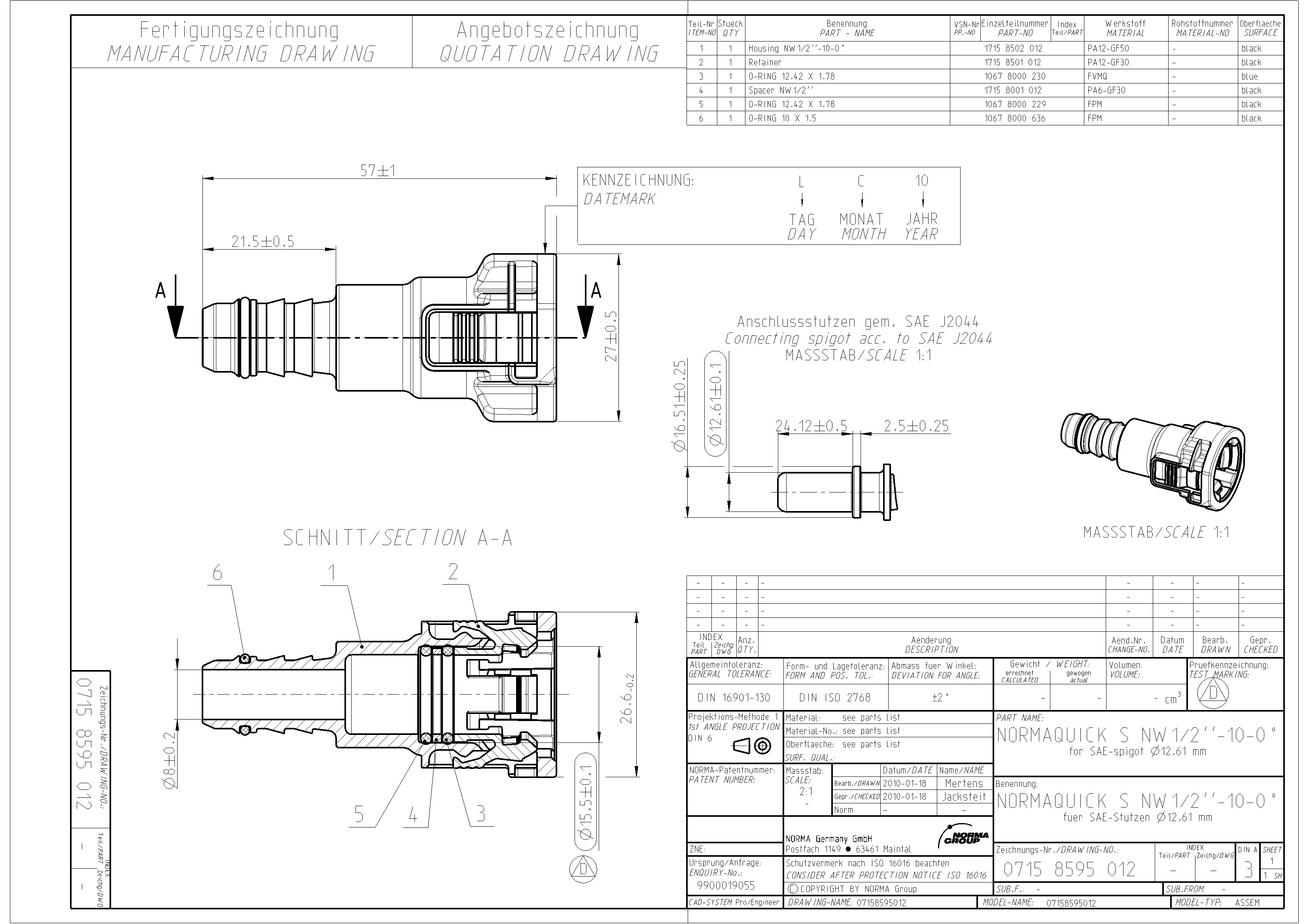 NQ-S 0°-Steckverbindung NW 1/2", mit 10 mm Schlauchanschluss