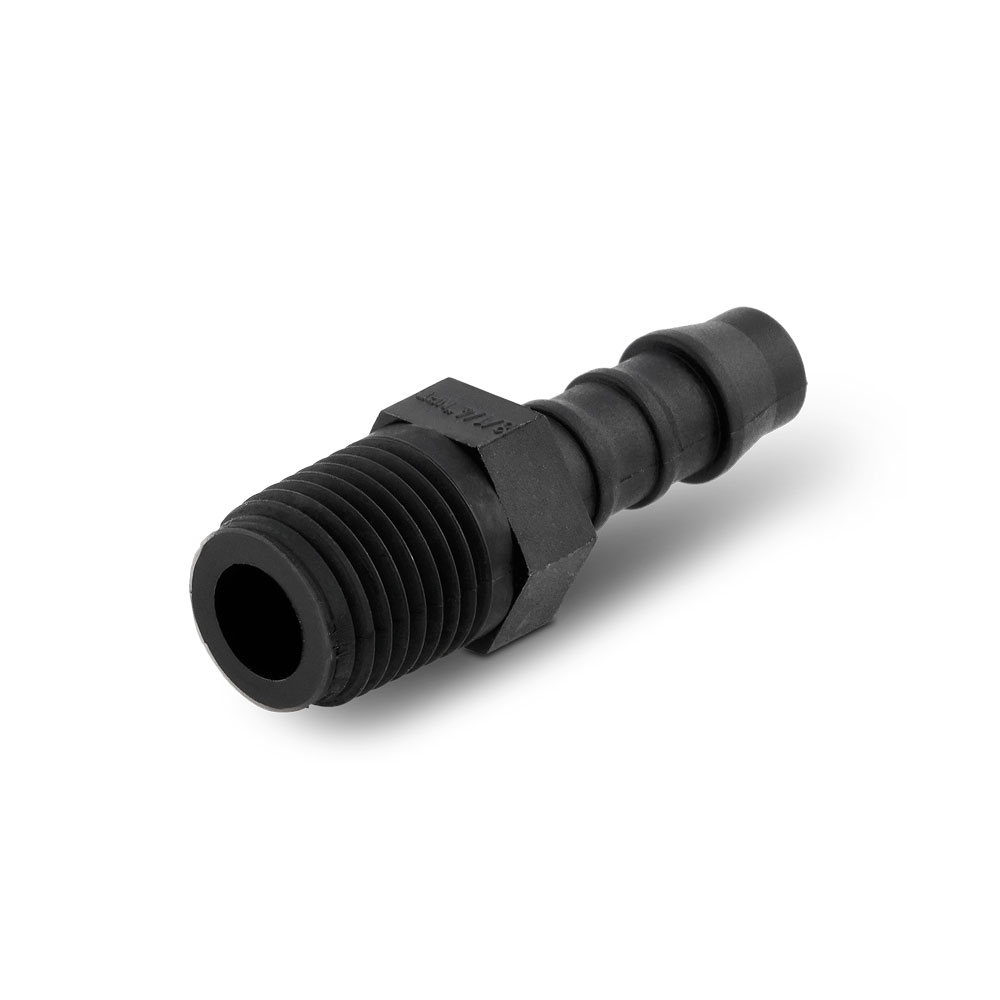 GES gerade Einschraubstutzen | Gewindetülle aus Kunststoff, schwarz, mit Außengewinde und Schlauchanschluss für industrielle Anwendungen. Schwarzer GES gerade Einschraubstutzen aus Kunststoff mit Außengewinde und gerippter Schlauchtülle für sichere Verbindungen.