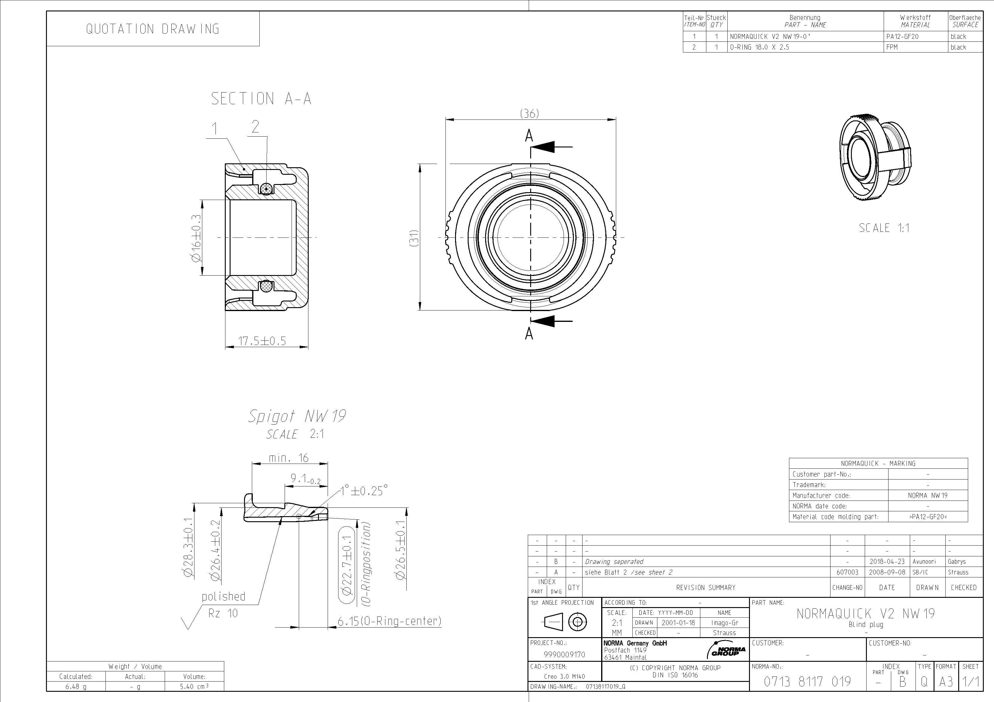 NORMAQUICK V2 NW 19 Blindstopfen: Präzise technische Zeichnung mit Maßen und Materialien. Technische Zeichnung eines NORMAQUICK V2 NW 19 Blindstopfens, dargestellt in Schnitt-, Draufsicht- und isometrischen Ansichten, inklusive detaillierter Bemaßungen und Materialangaben.