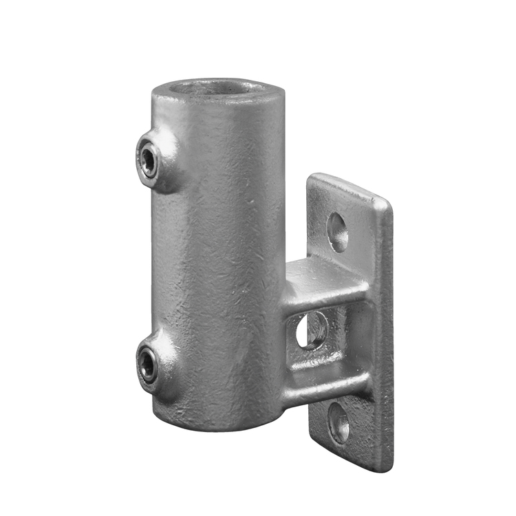 Rohrverbinder Wandhalter vertikal - Typ 14 aus silberfarbenem Metall, mit zwei Sicherungsschrauben für das Rohr und drei Befestigungslöchern für die Wandmontage.