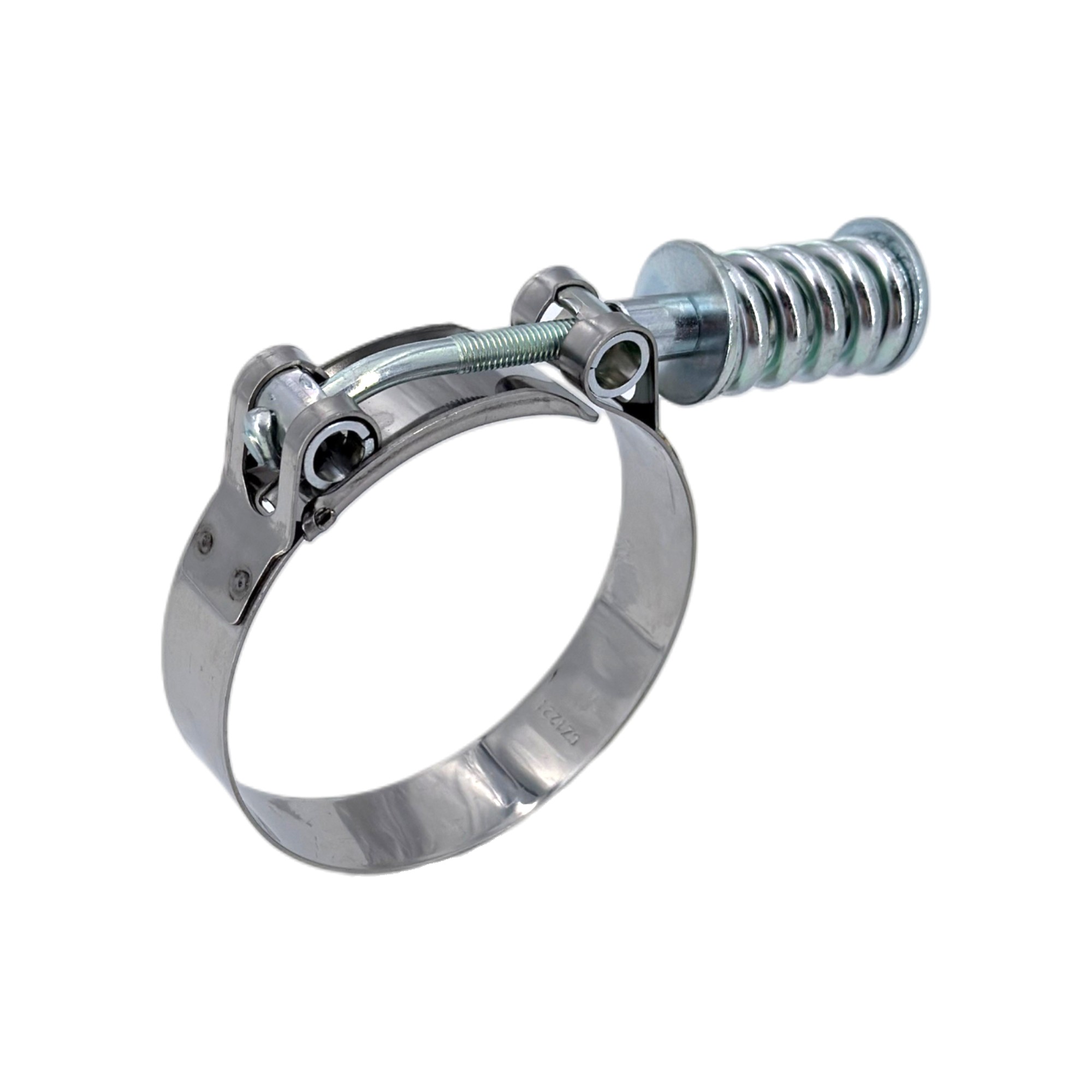 Metallene Gelenkbolzenschelle GBS 8112 mit silberner Druckfeder, Breite 20 mm, Material W2, auf weißem Hintergrund.