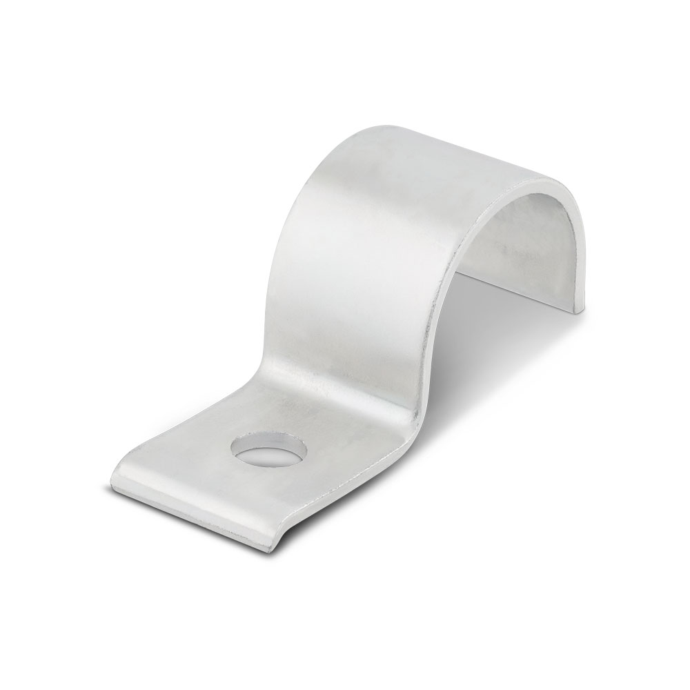 Leichte Rohrschelle DIN 1596: Robuste, silberfarbene Metallrohrschelle für die einfache Befestigung von Rohren. Leichte Rohrschelle DIN 1596 aus silberfarbenem Metall mit U-förmiger Halterung und einem Befestigungsloch.