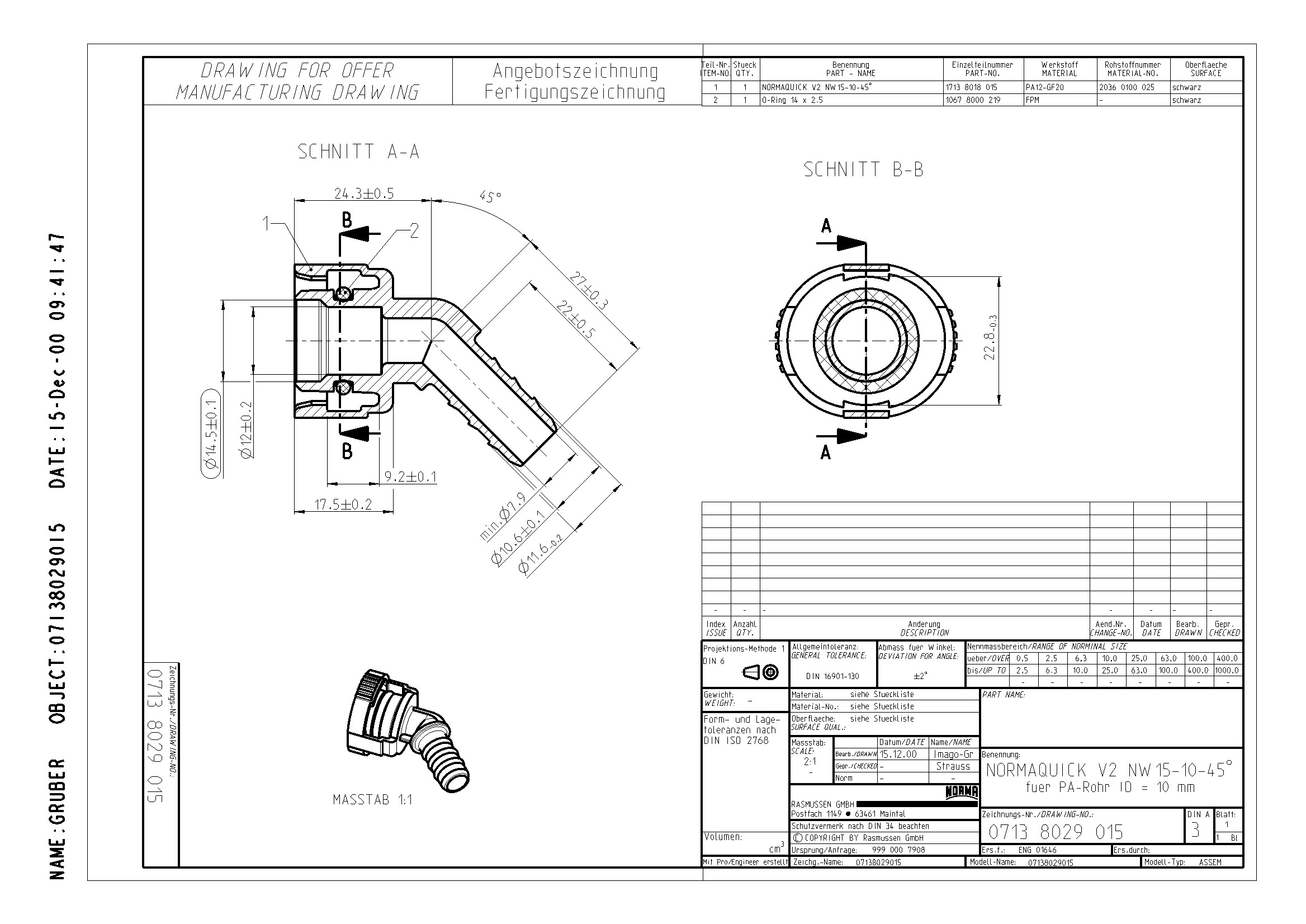 NORMAQUICK V2 NW 15-10-45° Verbinder aus PA12-GF20 mit FPM O-Ring, Zeichnungs-Nr. 0713 8029 015. Technische Zeichnung des NORMAQUICK V2 NW 15-10-45° Schnellverbinders für PA-Rohr ID 10 mm, mit Querschnitten, Maßen und isometrischer Ansicht.