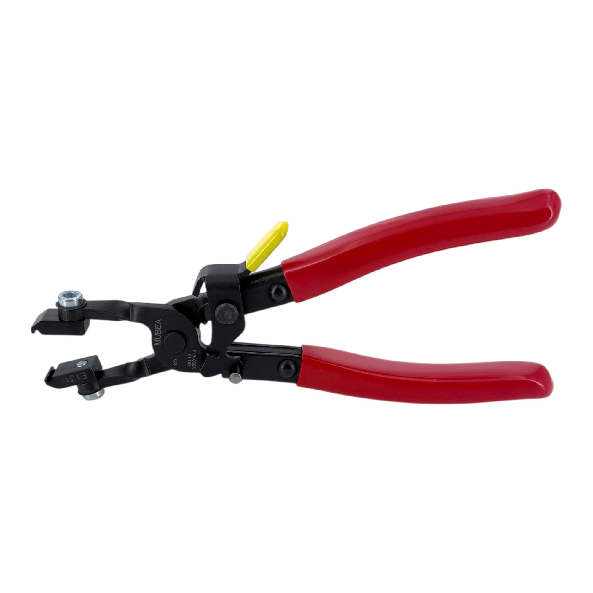 Handzange / Montagewerkzeug für Federbandschellen der Breite 8,4 mm mit roten, ergonomischen Griffen und schwarzem Zangenkopf, liegend auf weißem Hintergrund. Ein gelber Hebel ist am Gelenk sichtbar.