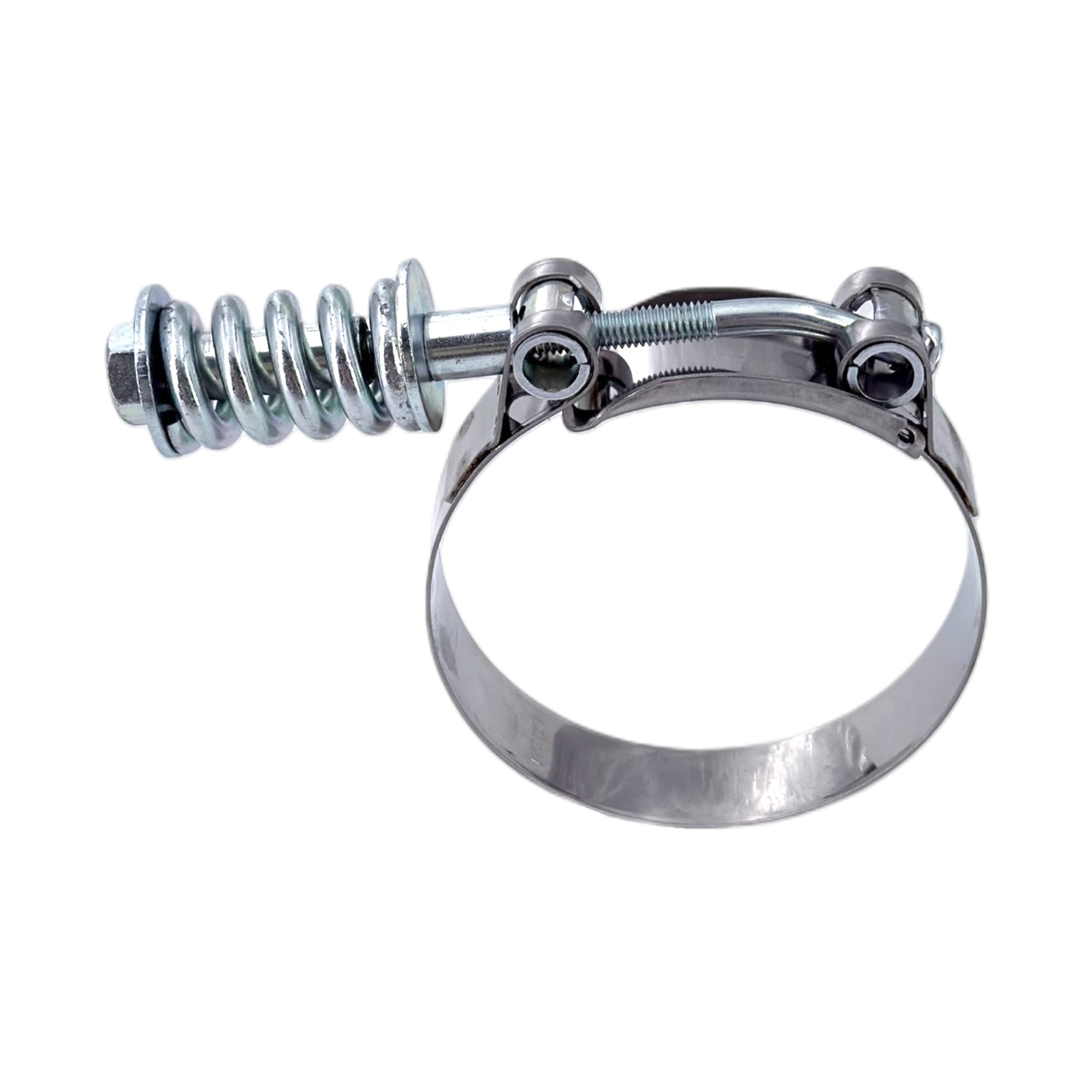 Gelenkbolzenschelle GBS 8112 aus glänzendem Metall mit integrierter Druckfeder, 20 mm Breite, W2 Material, detailreich vor weißem Hintergrund.