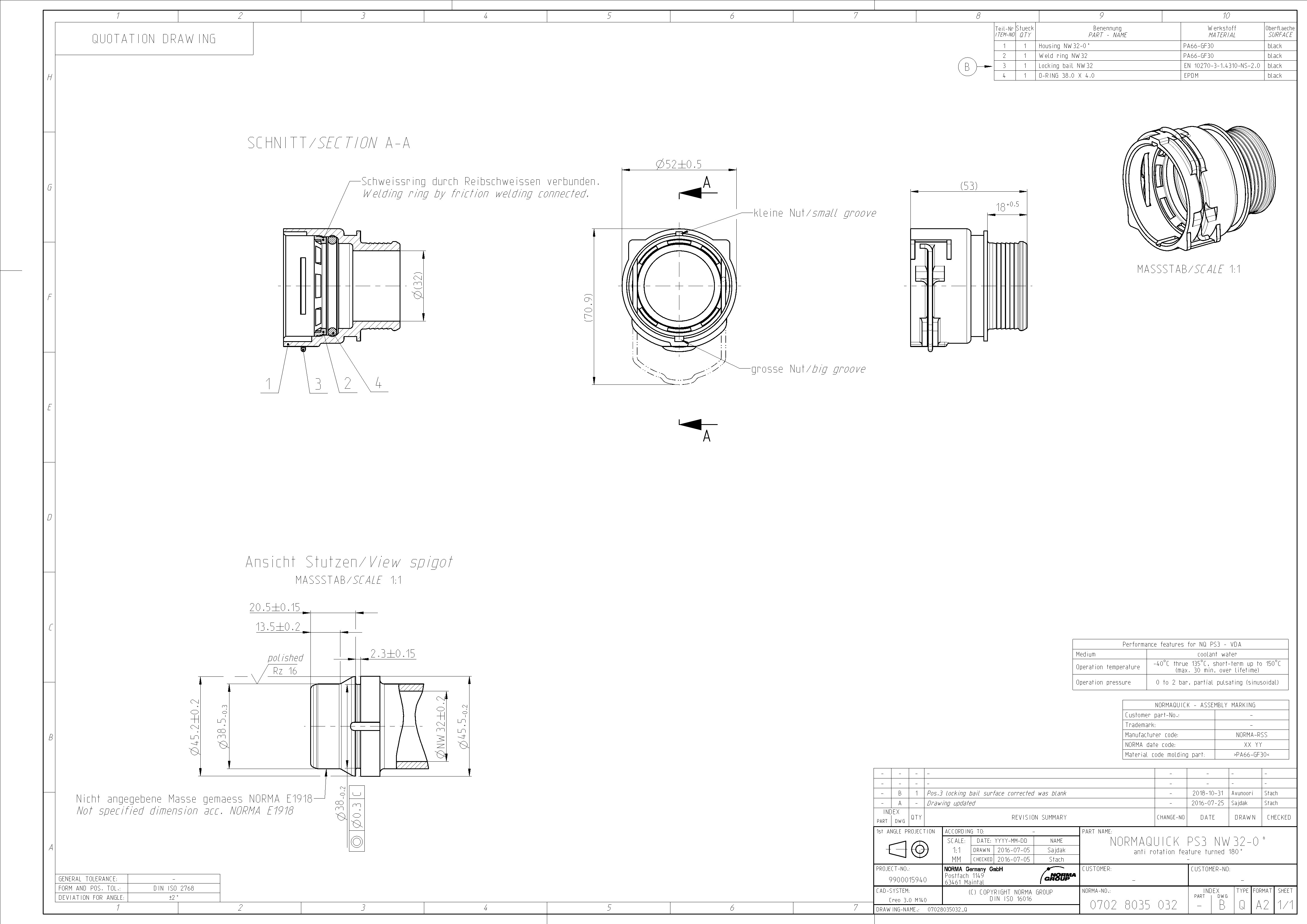Technische Zeichnung des NORMAQUICK PS3 NW 32-0° mit 180° verdrehter Verdrehsicherung, zeigt isometrische Ansicht, Schnittdarstellungen, Maßangaben und eine Stückliste der Komponenten. Detaillierte technische Zeichnung der NORMAQUICK PS3 NW 32-0° Kupplung mit 180° verdrehter Verdrehsicherung, inklusive Explosionszeichnung, Querschnitt, detaillierten Bemaßungen des Stutzens