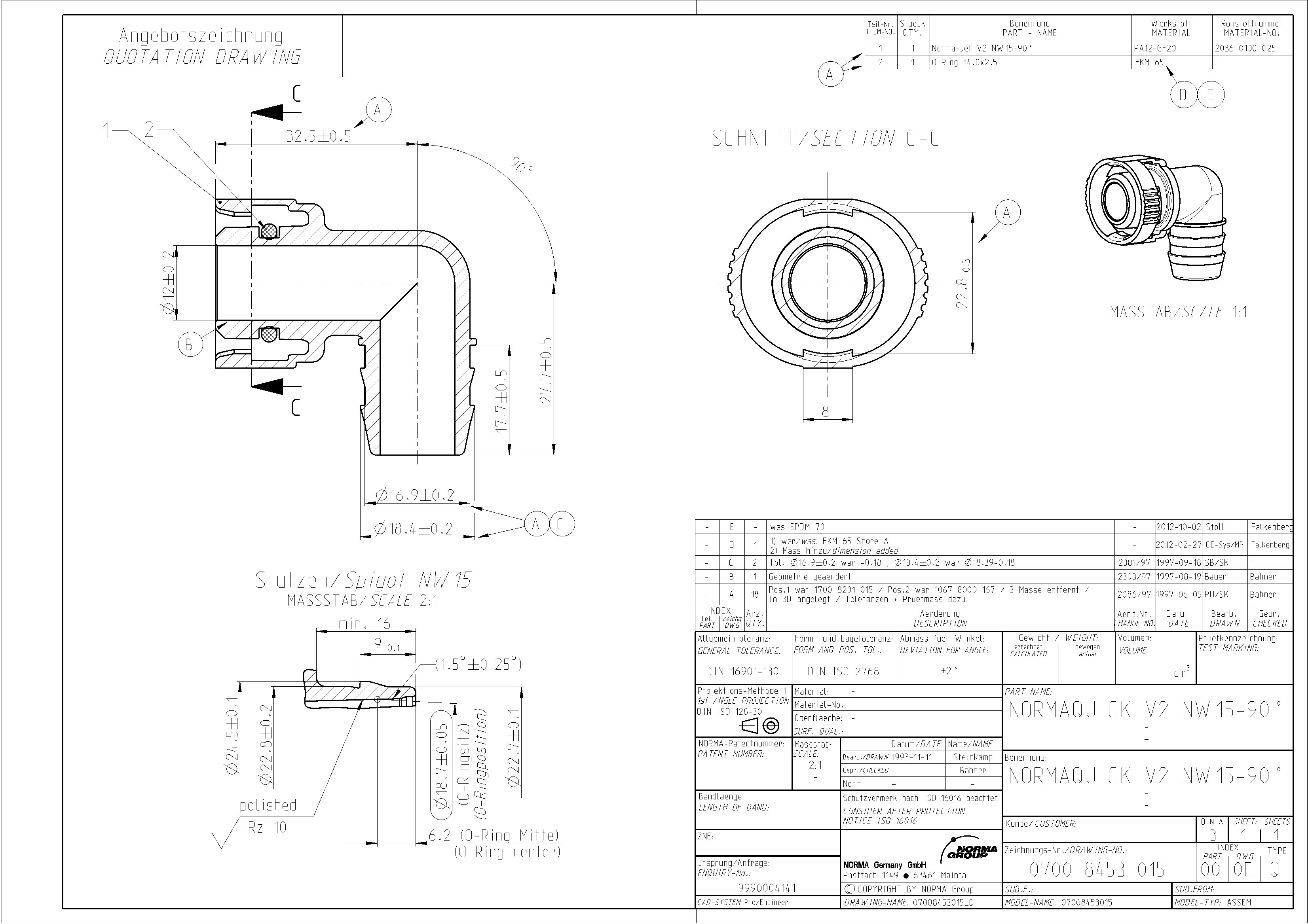 NORMAQUICK V2 NW 15-90°: Technische Zeichnung mit detaillierten Ansichten und Maßen. Technische Zeichnung eines NORMAQUICK V2 NW 15-90° 90-Grad-Winkelstutzens, mit verschiedenen Ansichten wie Schnitt, Draufsicht und isometrischer Darstellung, detaillierten Bemaßungen und Materialangaben.