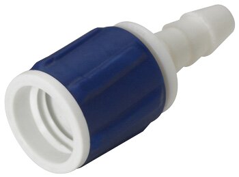 GM630M2 Monitor-Schraubanschluss: Weiß-blauer Adapter mit drehbarem 5/16-UNF-Innengewinde und 4,8 mm Schlauchanschluss.