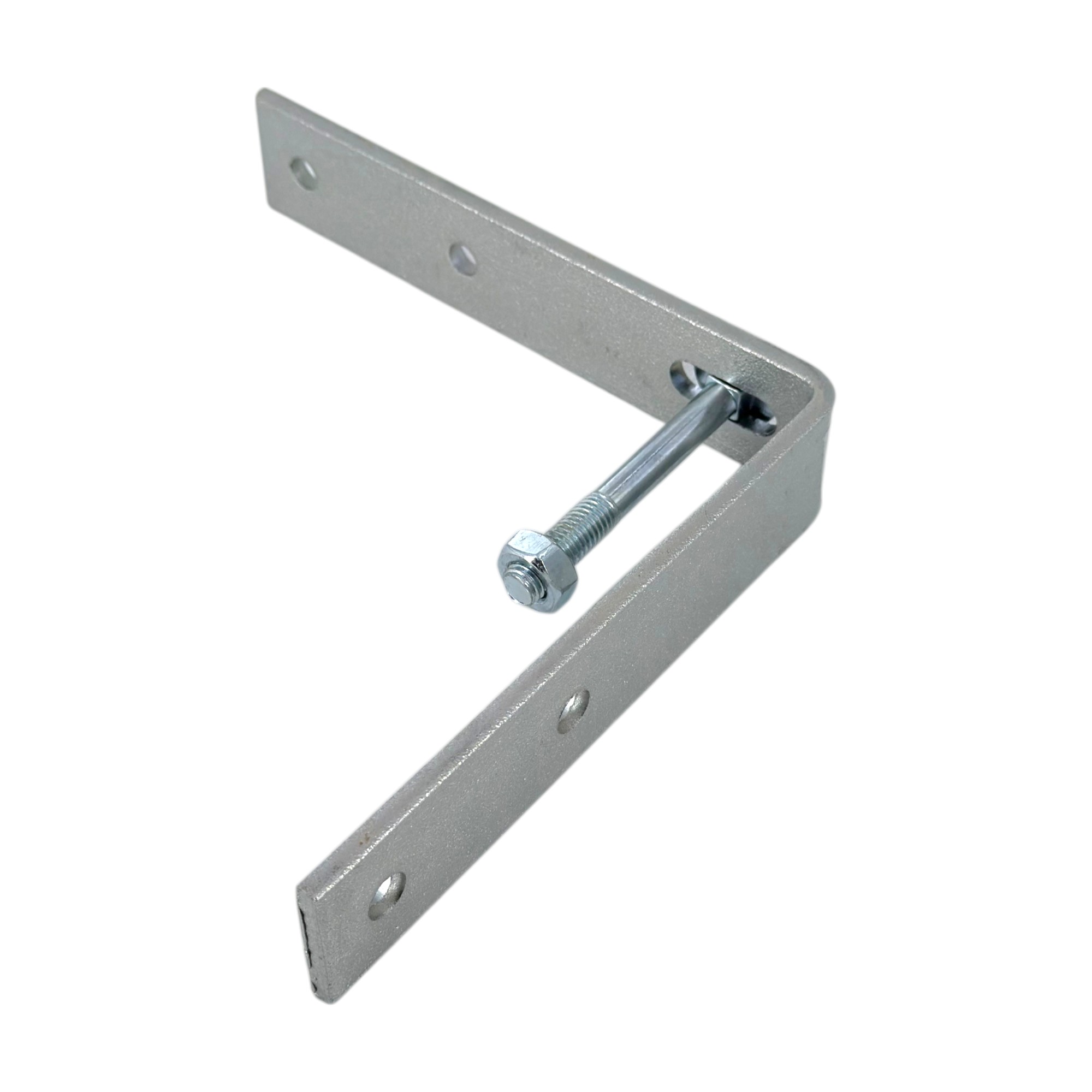 Zaunhalter / Eckverbinder mit Schlossschraube und Flachstahl, Stahl verzinkt. L-förmiger, verzinkter Metallverbinder mit einer eingesetzten Schlossschraube und Mutter.