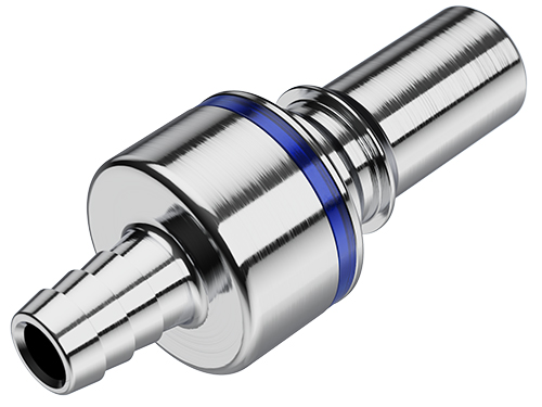 LQ6D22006BLU - LQ6 Schlauchtülle und Stecker aus glänzendem Metall mit einem 9,5 mm Schlauchanschluss, integriertem Absperrventil und blauem EPDM-Dichtring. Das Produkt ist auf einem weißen Hintergrund isoliert dargestellt.