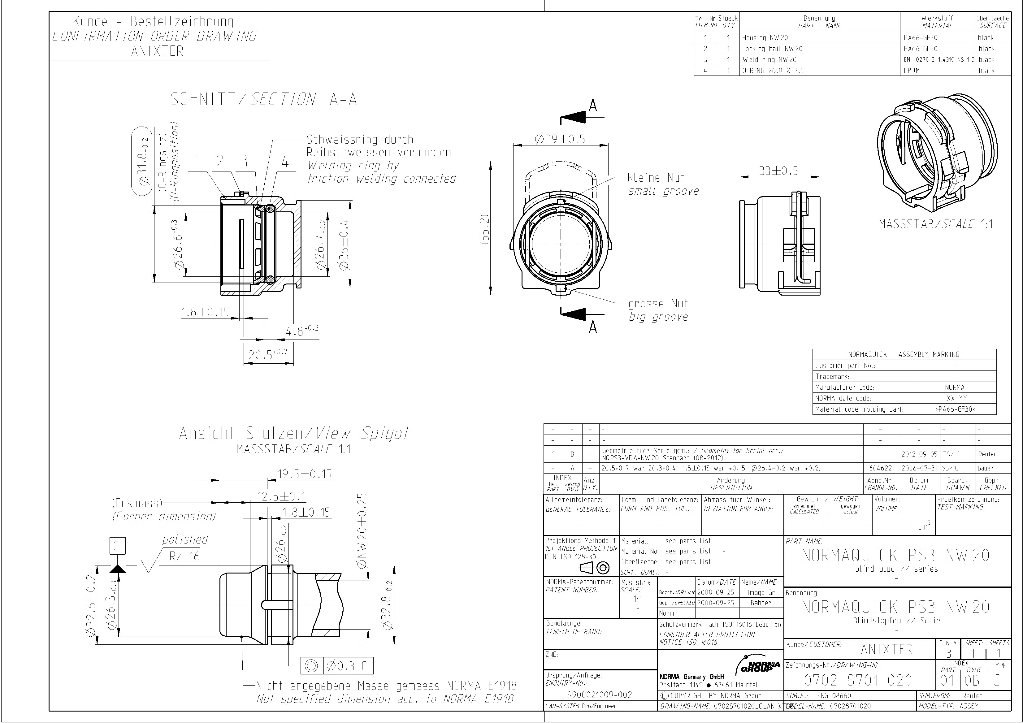 NormaQuick PS3 NW 20 Blindstopfen: Bestellzeichnung von Anixter mit allen technischen Details, Materialangaben und Fertigungsinformationen. Technische Zeichnung des NORMAQUICK PS3 NW 20 Blindstopfens. Dargestellt sind Querschnitt, Seitenansichten und eine isometrische Perspektive mit Bemaßungen und Materialangaben.