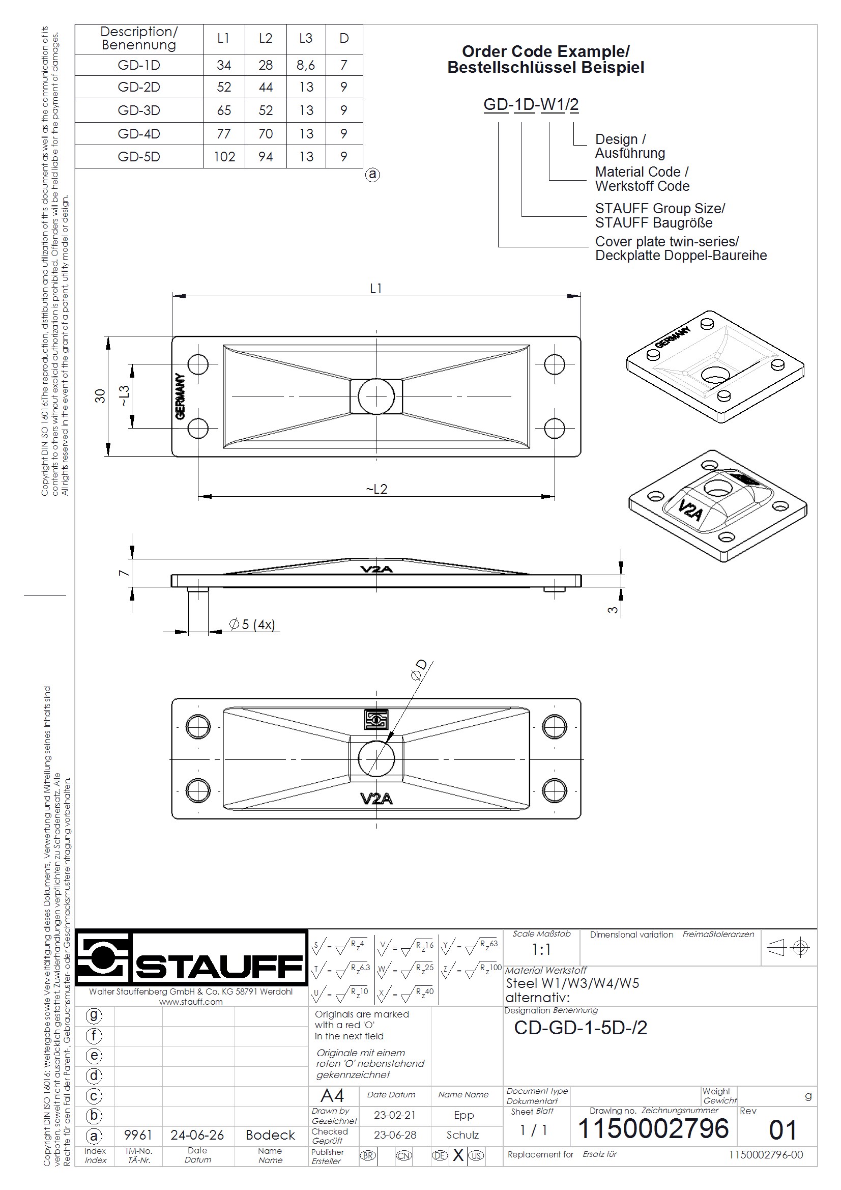 STAUFF Deckplatte Doppel-Baureihe GD-1D bis GD-5D: Abmessungen und Spezifikationen für die Montage, inklusive Material Stahl und Bestellinformationen. Technische Zeichnung einer STAUFF Deckplatte für die Doppel-Baureihe aus Stahl, dargestellt in Aufsicht, Seitenansicht und isometrischer Ansicht, mit detaillierten Maßen für verschiedene Größen (GD-1D bis GD-5D) und einem Beispiel für den Bestellschlüssel