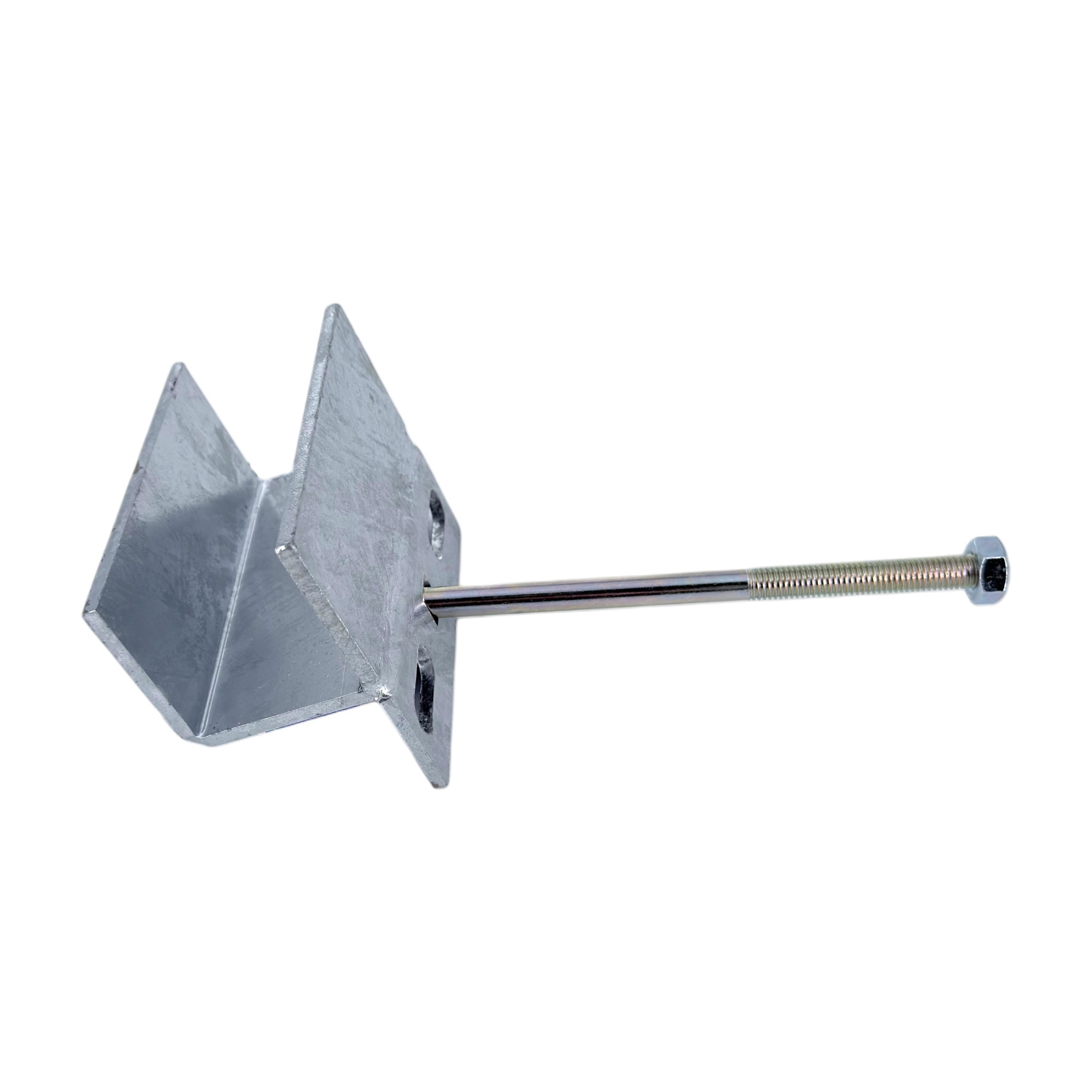 Zaunhalter mit Schlossschraube und U-Profil (45x45 mm), Stahl verzinkt. Der glänzende Metallhalter mit montierter Schlossschraube und Mutter ist auf weißem Hintergrund abgebildet.