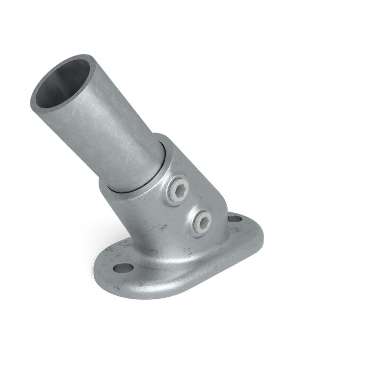 Grauer Rohrverbinder vom Typ 12W für variable Winkel von 30-45 Grad zur Bodenbefestigung, mit schräger Rohraufnahme, ovaler Grundplatte und zwei sichtbaren Sechskantschrauben.