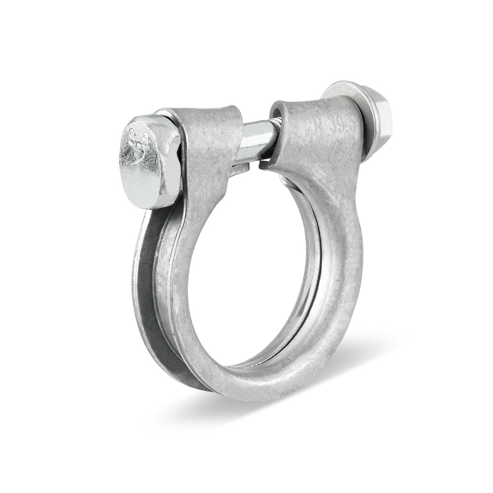 NORMA ARS Abgasrohrschelle / Auspuffschelle aus verzinktem Stahl, passend für Rohre von 24 mm bis 114 mm Durchmesser. NORMA ARS Abgasrohrschelle / Auspuffschelle aus verzinktem Stahl, Detailansicht auf weißem Hintergrund.