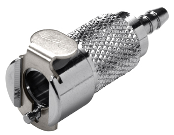 Verchromte MC1702 Kupplung für 3,2 mm Schlauchanschluss, ohne Absperrventil, mit gerändeltem Griff und glattem Anschlussende, diagonal von oben fotografiert auf weißem Hintergrund.