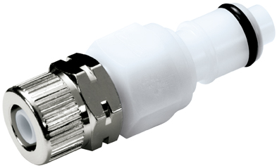 APCD200M8 - CPC Stecker 8,0 mm AD / 6,0 mm ID Klemmringverschraubung mit Absperrventil APCD200M8 CPC Stecker mit weißem Kunststoffgehäuse, metallischer Klemmringverschraubung für 8,0 mm AD / 6,0 mm ID Schläuche und integriertem Absperrventil.