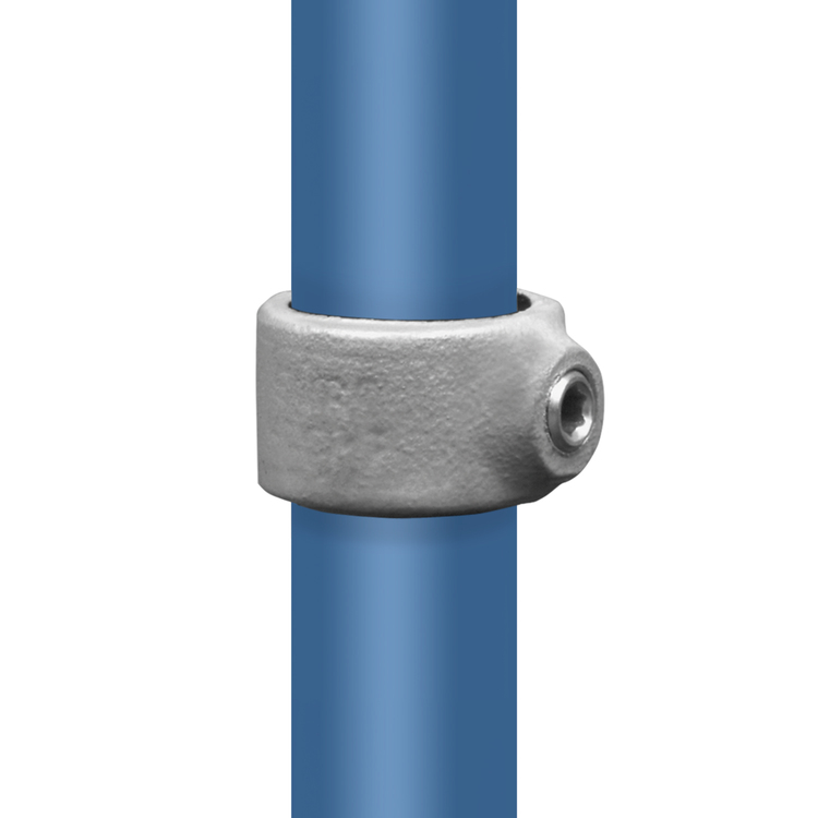Rohrverbinder Stellring / Sicherungsring - Typ 60 aus grauem Metall, fest um ein blaues Rohr geklemmt, mit seitlicher Inbusschraube zur Fixierung.