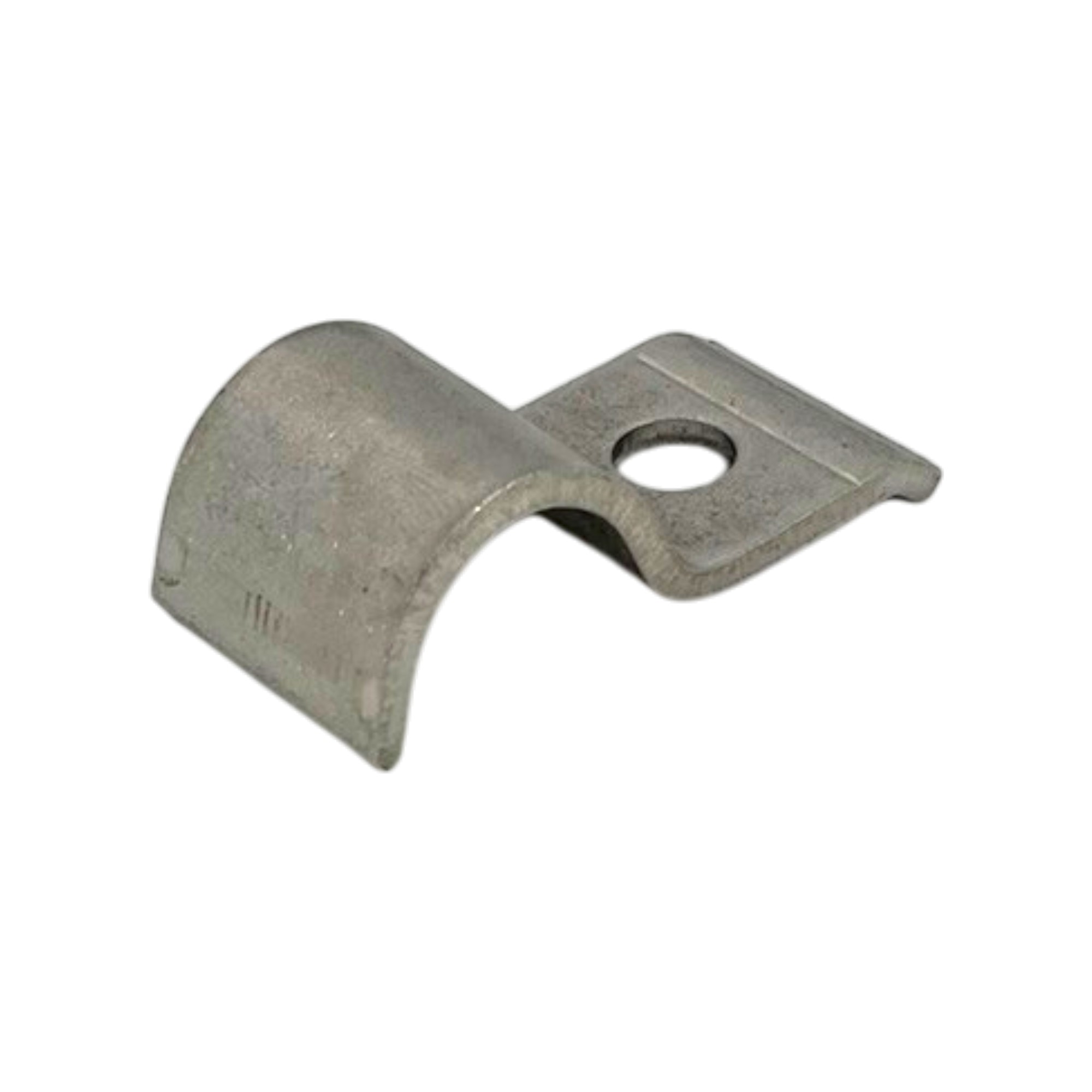 Rohrschelle einlaschig UIC 803-30 (18 mm), aus Edelstahl A2. Eine silberne, einteilige Rohrschelle mit U-förmiger Aufnahme für ein Rohr und einer flachen Befestigungslasche mit Loch.