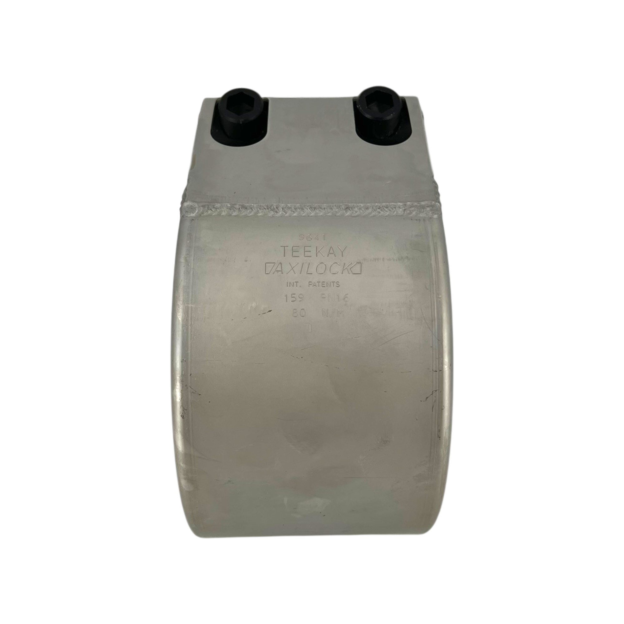 Teekay Rohrkupplung Grip E W2, 159,0 mm, EPDM, PN16 aus gebürstetem Metall mit zwei schwarzen Sechskantschrauben.