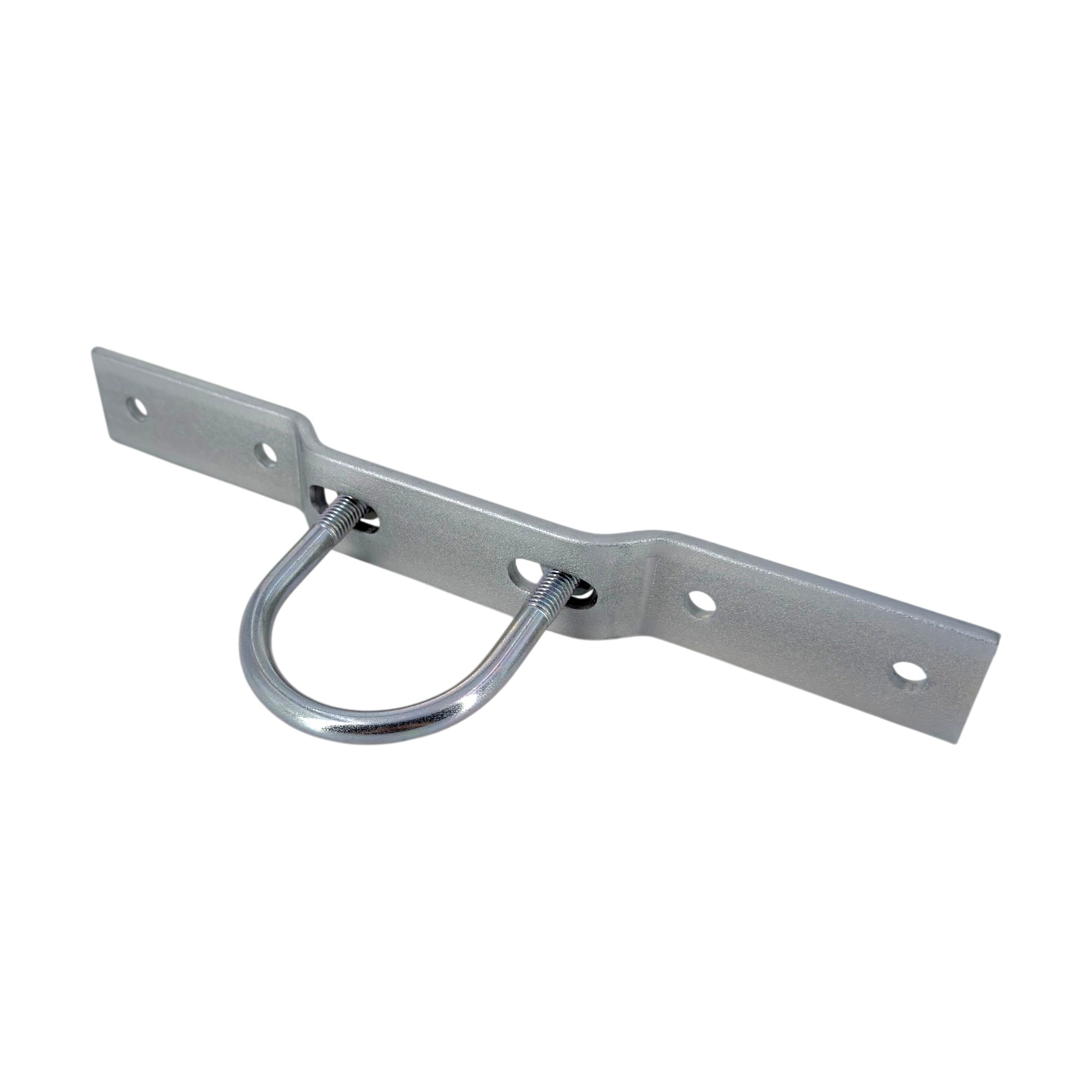 Zaunhalter mit Rundstahlbügel und Flachstahl, für Mittelpfosten, Stahl verzinkt. Eine grau verzinkte Metallhalterung mit einem horizontalen Flachstahl und einem U-förmigen Rundstahlbügel, der durch zwei Löcher im Flachstahl befestigt ist. Der Flachstahl b