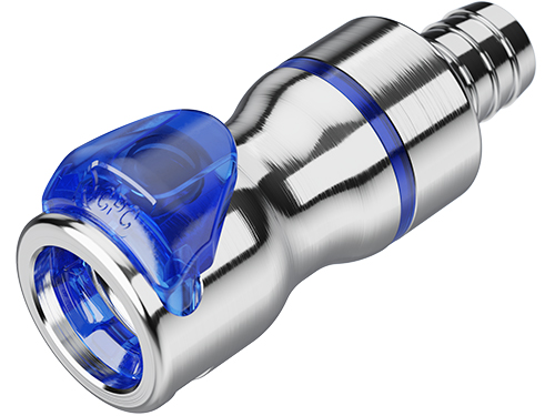 LQ6D17008BLU CPC LQ6 Kupplung aus gebürstetem Metall mit blauem Absperrventil und blauem Akzentring, für 12,7 mm Schlauchanschluss und EPDM-Dichtung, auf weißem Hintergrund.