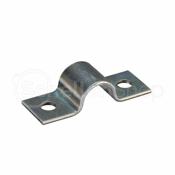 Befestigungsschelle BSN 521 zweilaschig, verzinkt Verzinkte Befestigungsschelle BSN 521 zweilaschig. Eine silberne, U-förmige Metallklemme mit zwei flachen Enden, an denen sich jeweils ein Montageloch befindet, isoliert auf weißem Hintergrund.