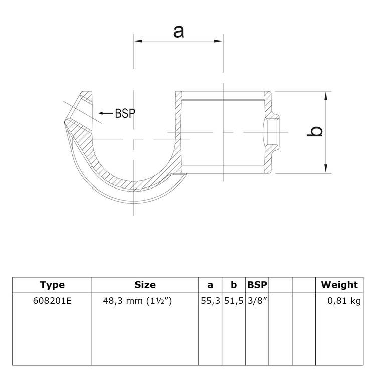 Technische Zeichnung des Rohrverbinders Kreuzstück offen mit Einlage - Typ 201 (Modell 608201E), zeigt eine Schnittansicht mit eingezeichneten Maßen 'a' (55,3), 'b' (51,5) und den BSP-Anschluss. Eine Spezifikationstabelle listet Details wie Größe (48,3 mm
