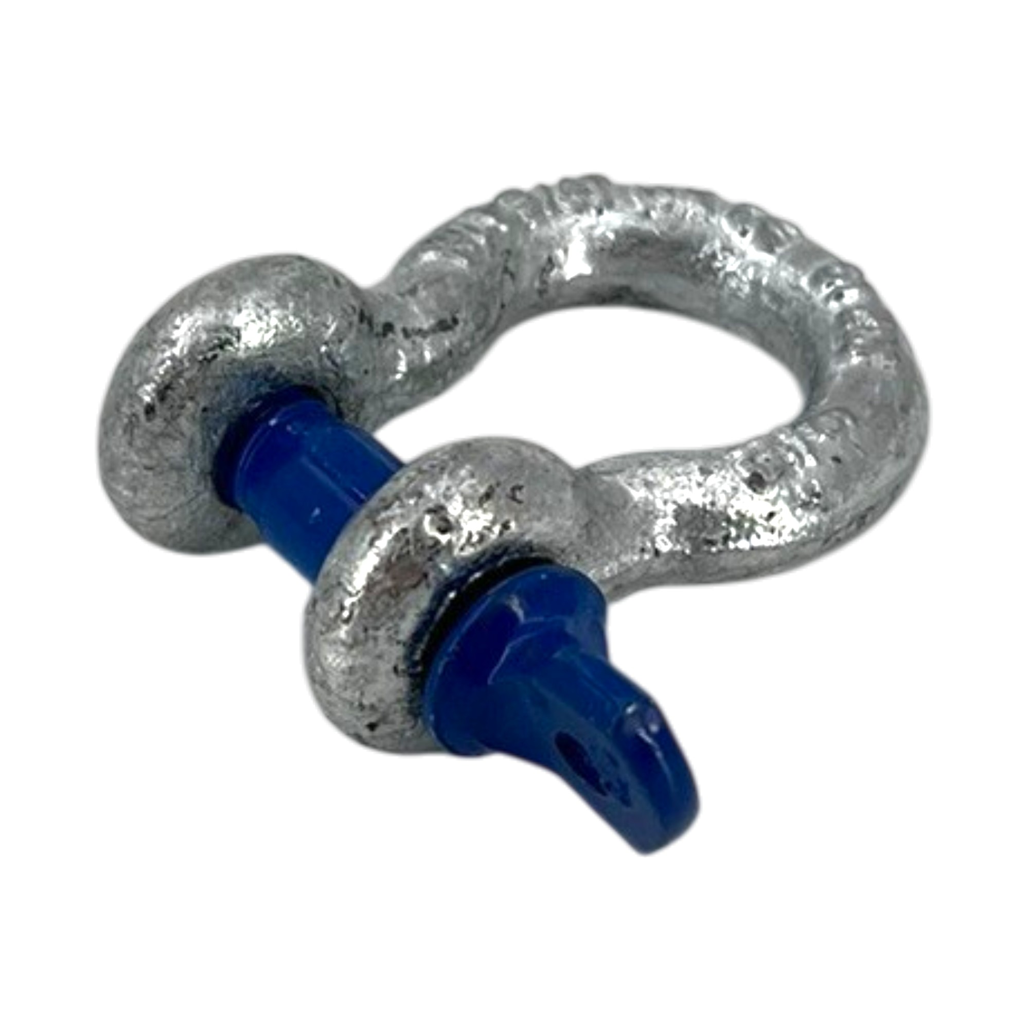 Ein verzinkter, geschweifter Schäkel der Form G 209, 8 mm (5/16") mit 0,75t Tragfähigkeit und einem blauen Schraubbolzen, isoliert auf weißem Hintergrund.