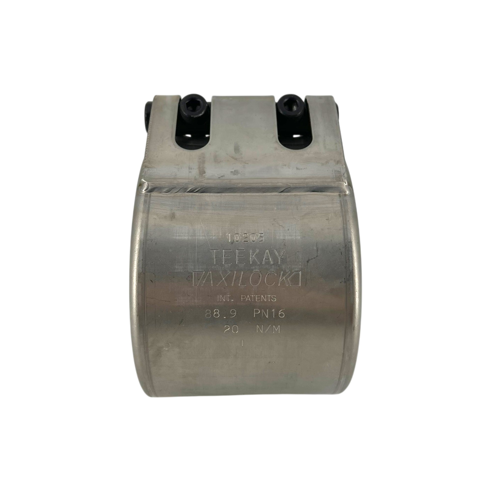Metallene Teekay Rohrkupplung Flex E W2 88,9 mm, EPDM, PN16 mit zwei schwarzen Schrauben, auf weißem Hintergrund dargestellt.