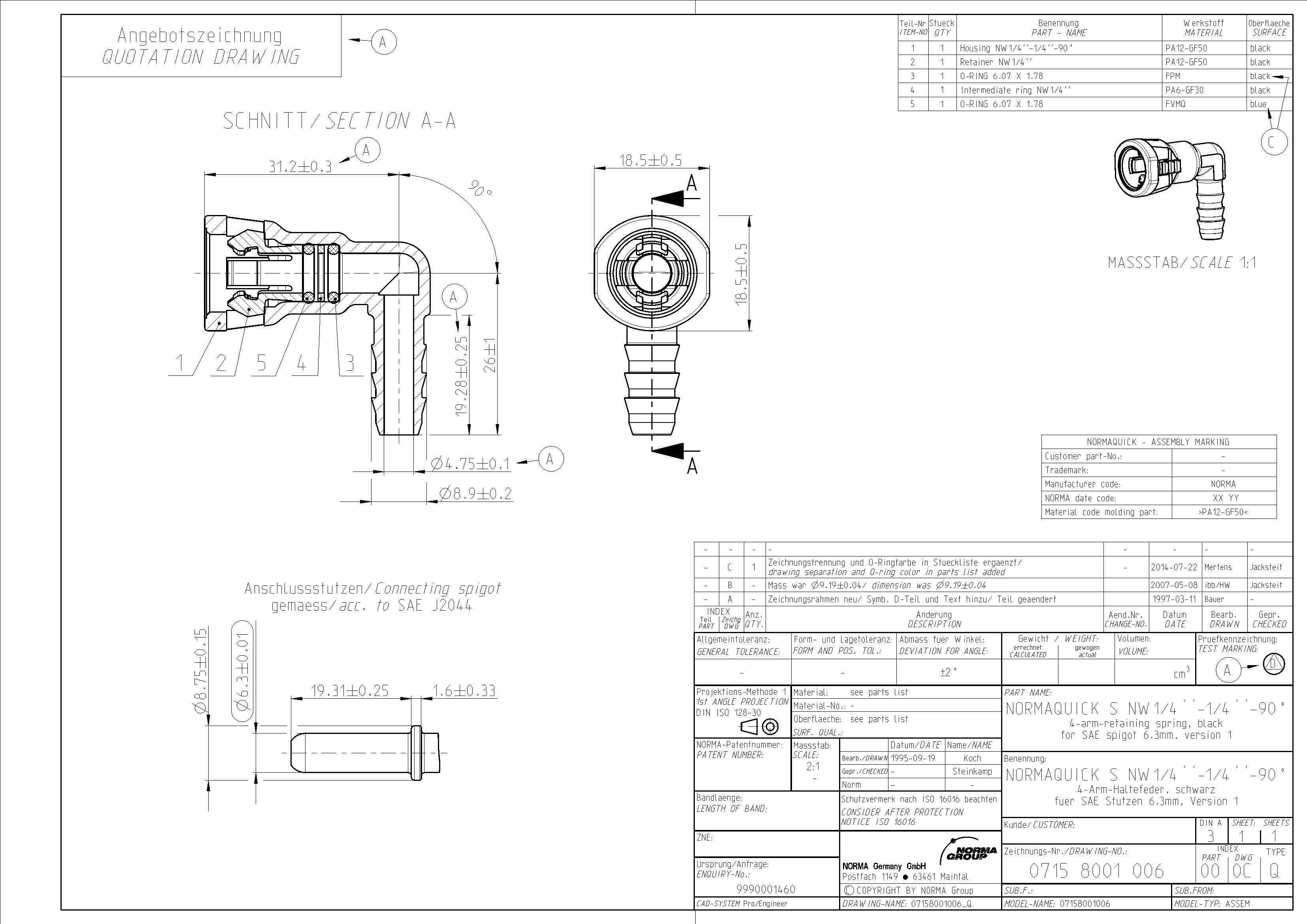 NORMAQUICK S NW1/4'' -1/4'' -90° Schnellkupplungs-Winkelstück, schwarz, für SAE-Stutzen 6.3mm, Version 1. Die Zeichnung enthält präzise Maße, Materialspezifikationen und eine Teileliste für diesen Winkelsteckverbinder. Technische Zeichnung eines schwarzen NORMAQUICK S NW1/4'' 90-Grad-Winkelsteckverbinders mit 4-Arm-Haltefeder, dargestellt in mehreren Ansichten inklusive Schnitt und isometrischer Darstellung.